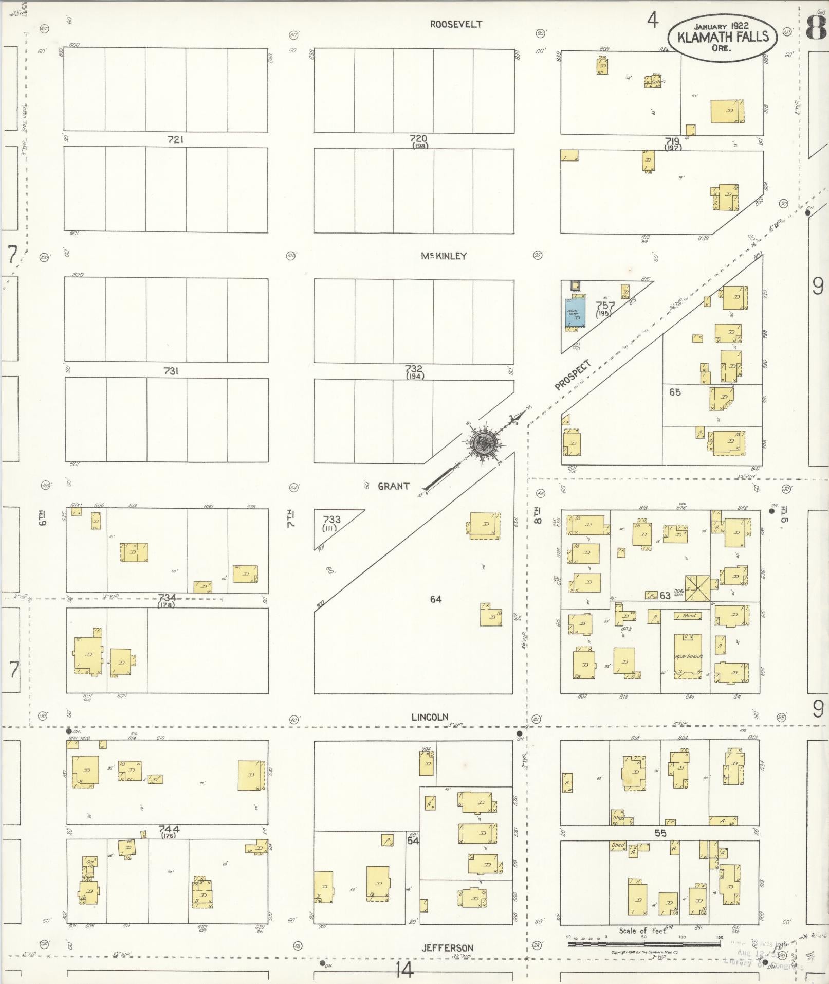 Sanborn Fire Insurance Map from Klamath Falls, Klamath County, Oregon (1921), Sheet #0008 - Complete Map Set gallery image, historic Sanborn map, vintage wall art, Oregon Oregon