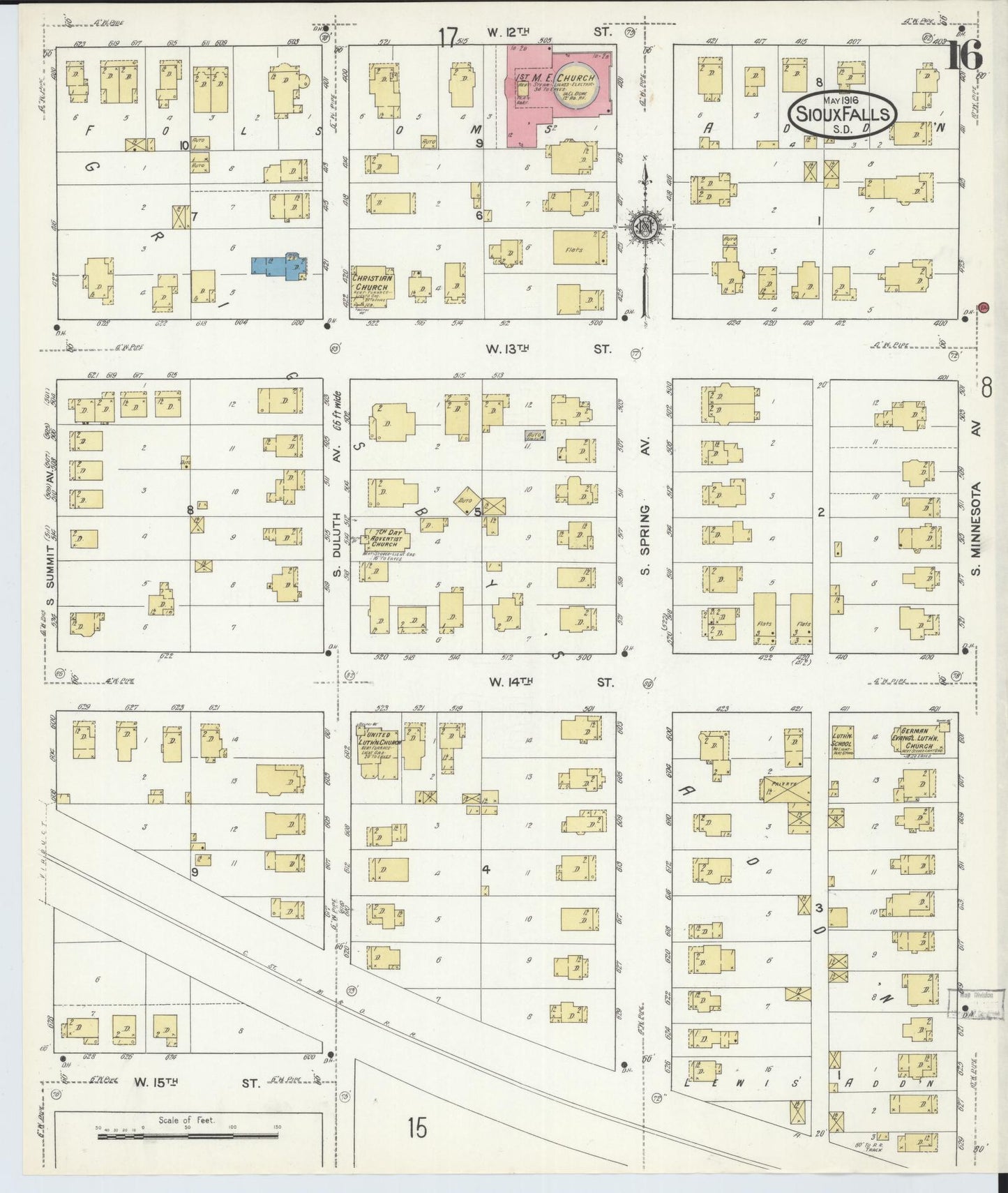 Sanborn Fire Insurance Map from Sioux Falls, Minnehaha County, South Dakota (1916), Sheet #0016 - Historic Sanborn Fire Insurance Map Print, vintage old map wall art, antique decor, genealogy gift, South Dakota South Dakota map