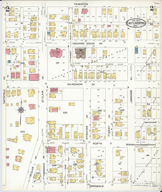 Sanborn Fire Insurance Map from East Liverpool, Columbiana County, Ohio (1923), Sheet #0002 - Historic Sanborn Fire Insurance Map Print, vintage old map wall art, antique decor, genealogy gift, Ohio Ohio map