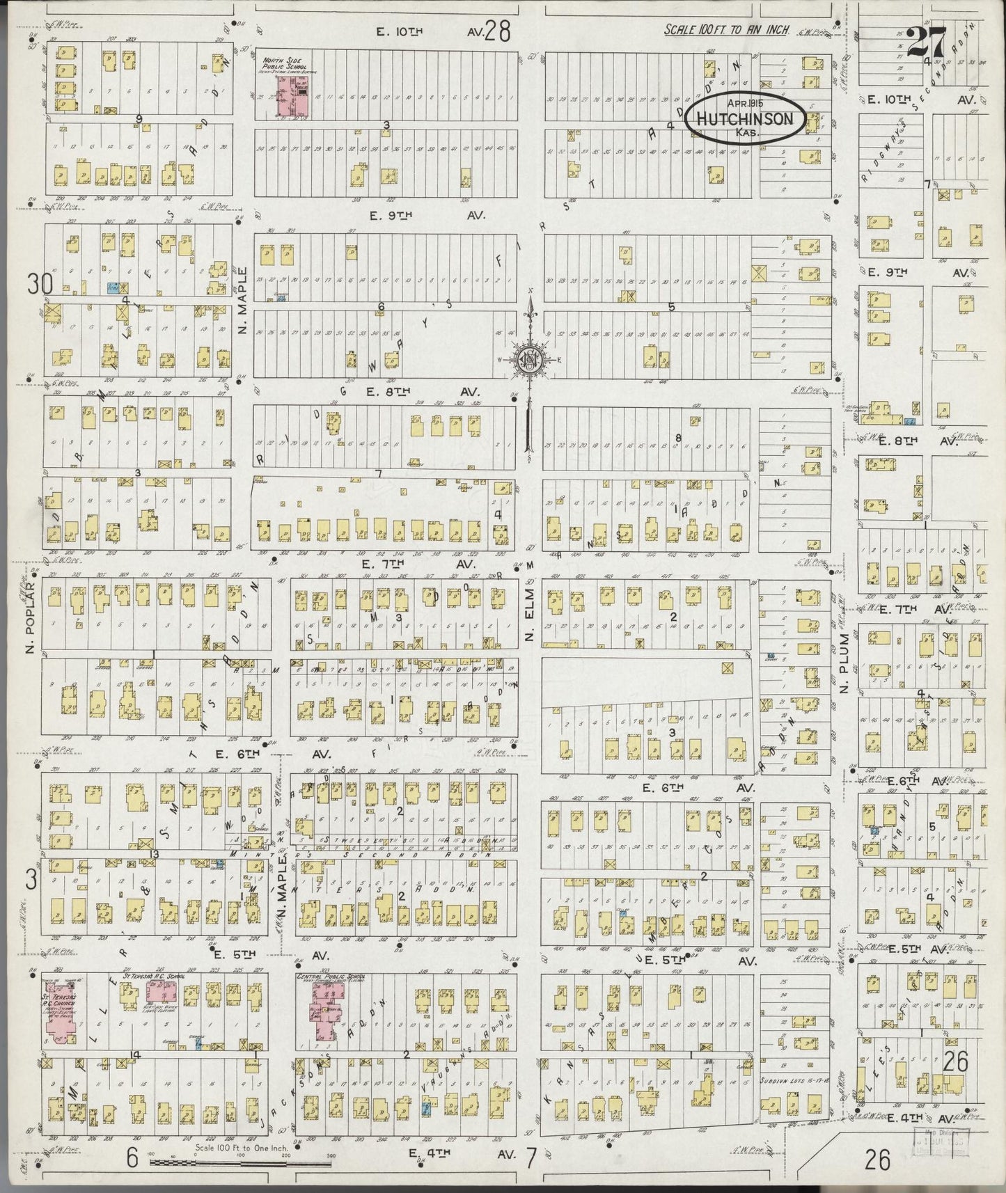 Sanborn Fire Insurance Map from Hutchinson, Reno County, Kansas (1915), Sheet #0028 - Complete Map Set gallery image, historic Sanborn map, vintage wall art, Kansas Kansas