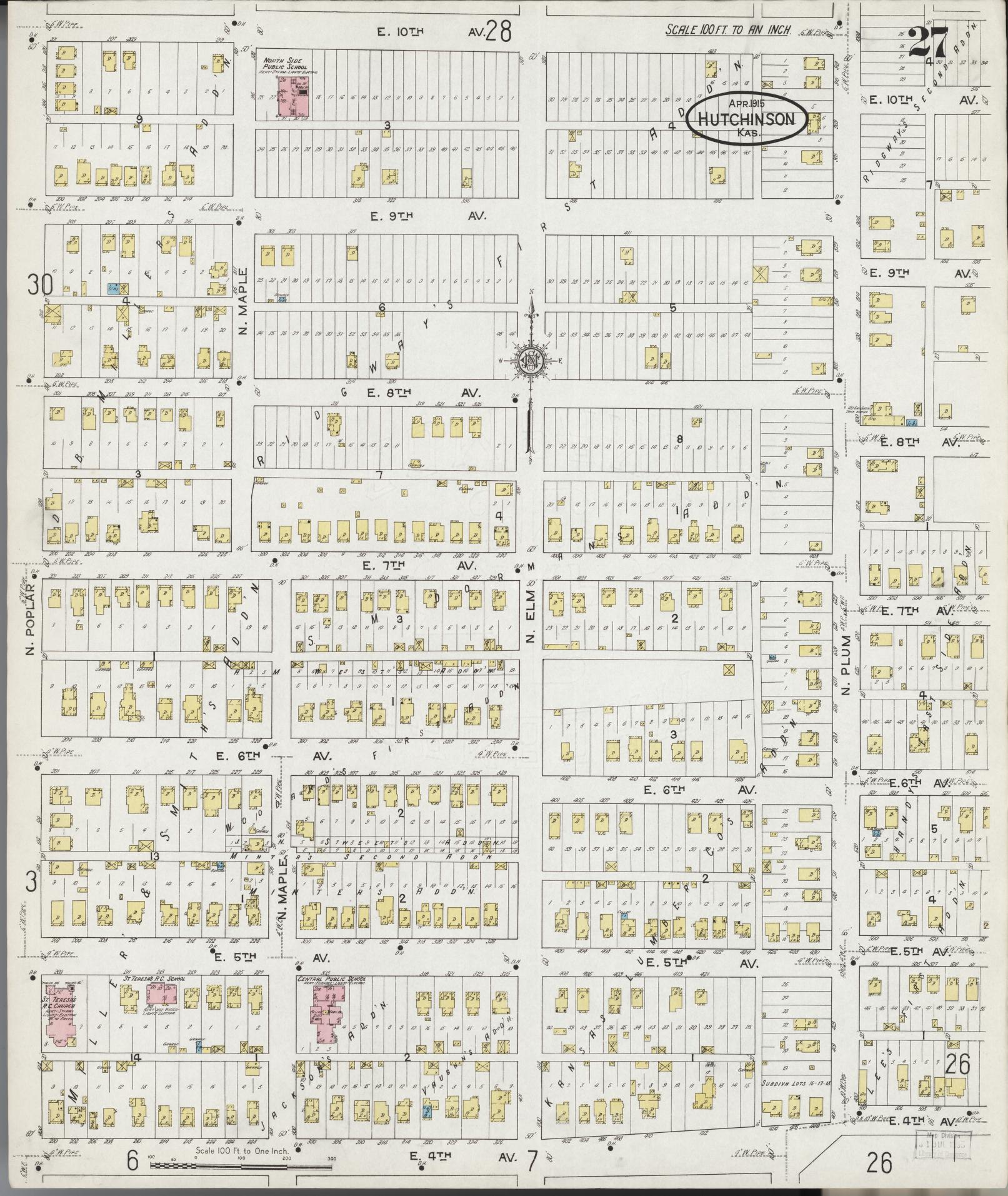 Sanborn Fire Insurance Map from Hutchinson, Reno County, Kansas (1915), Sheet #0028 - Complete Map Set gallery image, historic Sanborn map, vintage wall art, Kansas Kansas