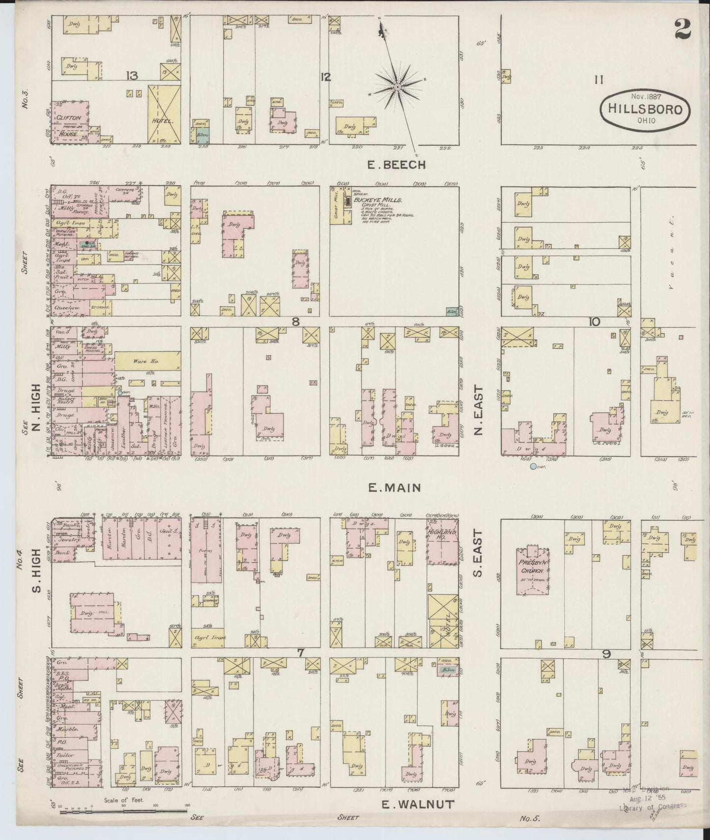 Sanborn Fire Insurance Map from Hillsboro, Highland County, Ohio (1887), Sheet #0002 - Historic Sanborn Fire Insurance Map Print, vintage old map wall art, antique decor, genealogy gift, Ohio Ohio map