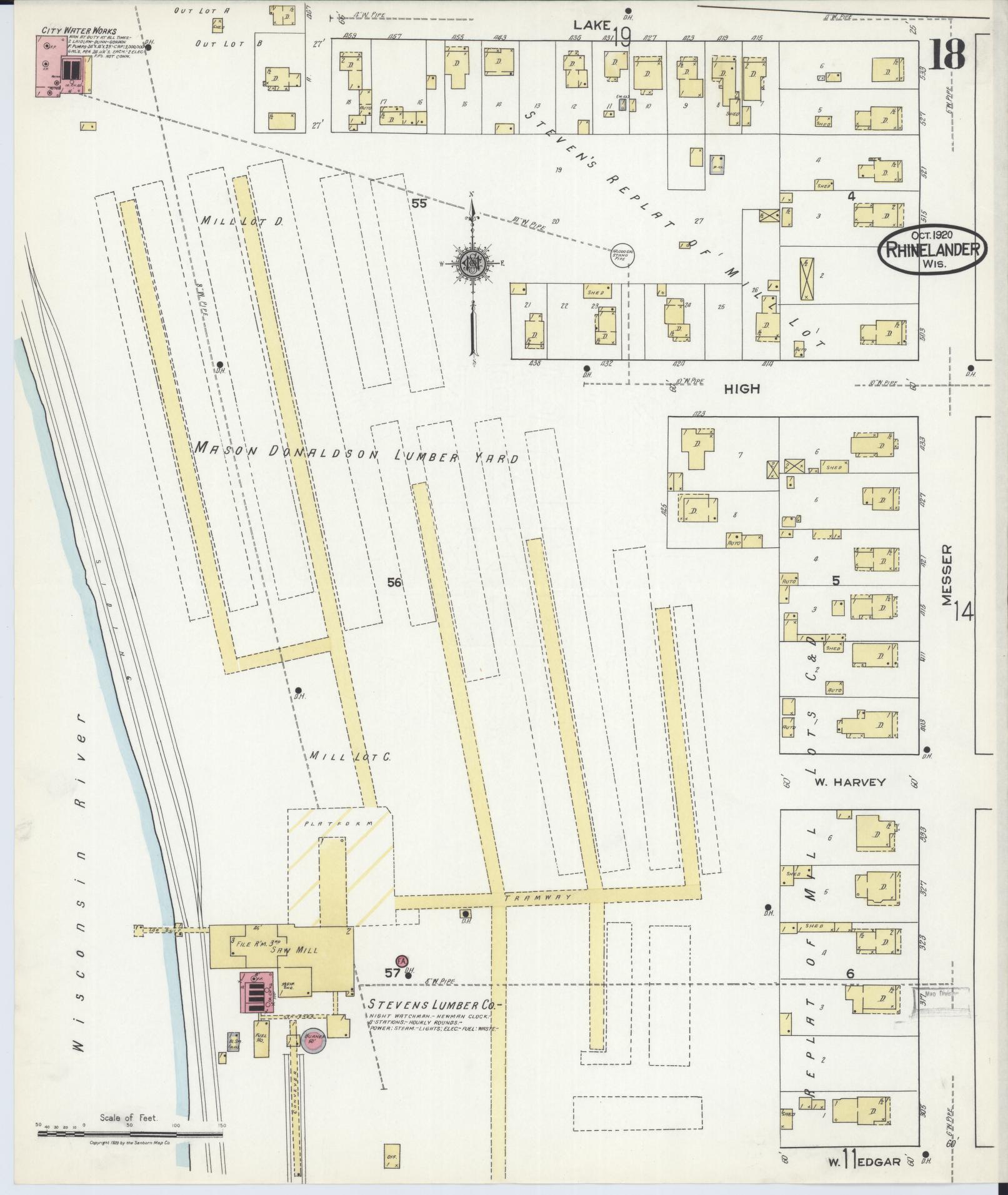 Sanborn Fire Insurance Map from Rhinelander, Oneida County, Wisconsin (1920), Sheet #0018 - Complete Map Set gallery image, historic Sanborn map, vintage wall art, Wisconsin Wisconsin