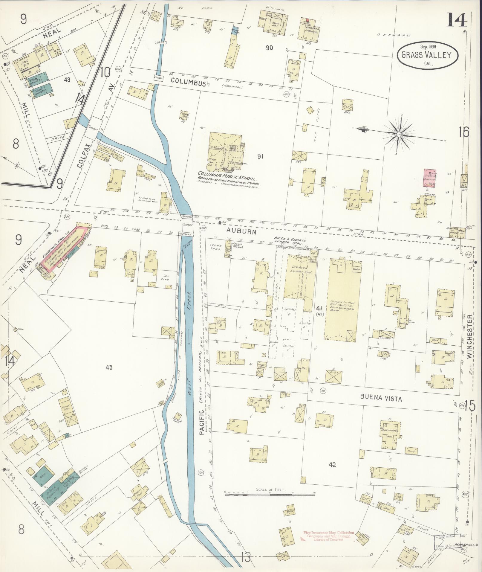 Sanborn Fire Insurance Map from Grass Valley, Nevada County, California (1898), Sheet #0014 - Historic Sanborn Fire Insurance Map Print, vintage old map wall art, antique decor, genealogy gift, Grass Valley Nevada map