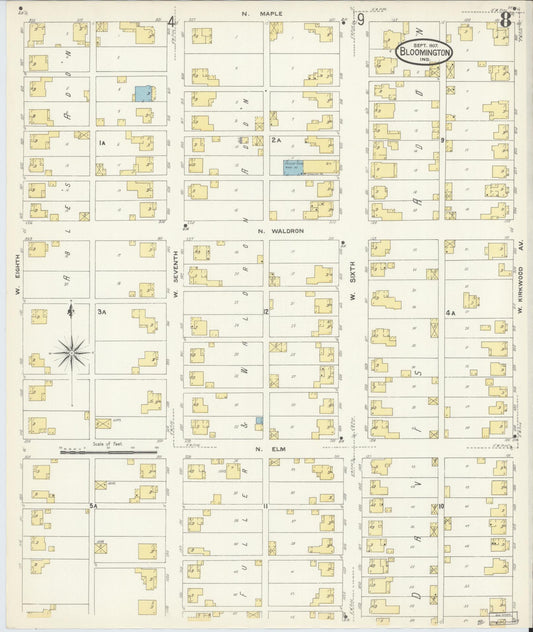Sanborn Fire Insurance Map from Bloomington, Monroe County, Indiana (1907), Sheet #0008 - Historic Sanborn Fire Insurance Map Print, vintage old map wall art, antique decor, genealogy gift, Indiana Indiana map