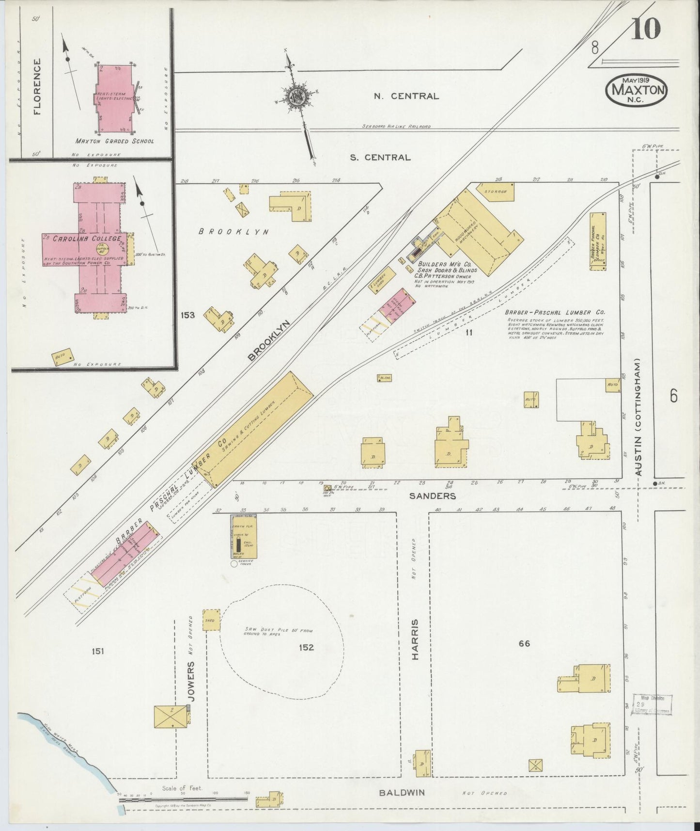 Sanborn Fire Insurance Map from Maxton, Robeson County, North Carolina (1919), Sheet #0010 - Complete Map Set gallery image, historic Sanborn map, vintage wall art, North Carolina North Carolina