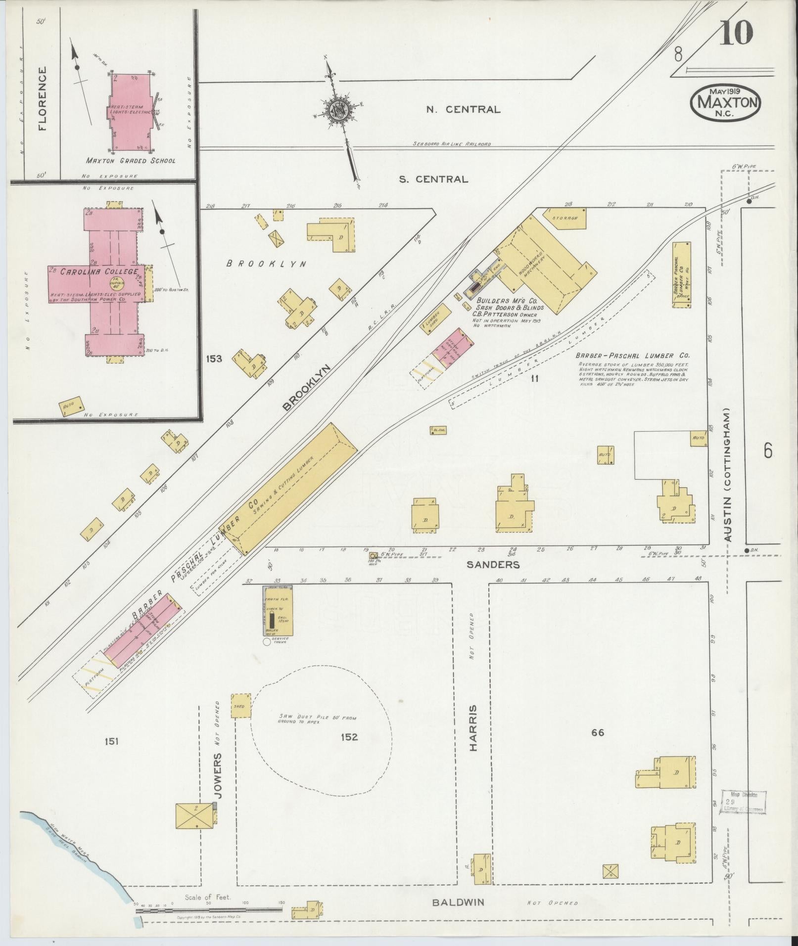 Sanborn Fire Insurance Map from Maxton, Robeson County, North Carolina (1919), Sheet #0010 - Complete Map Set gallery image, historic Sanborn map, vintage wall art, North Carolina North Carolina