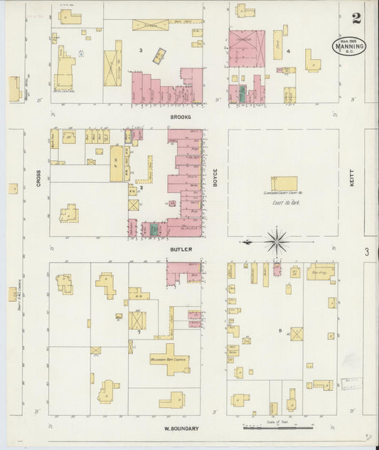 Sanborn Fire Insurance Map from Manning, Clarendon County, South Carolina (1905), Sheet #0002 - Historic Sanborn Fire Insurance Map Print, vintage old map wall art, antique decor, genealogy gift, South Carolina South Carolina map