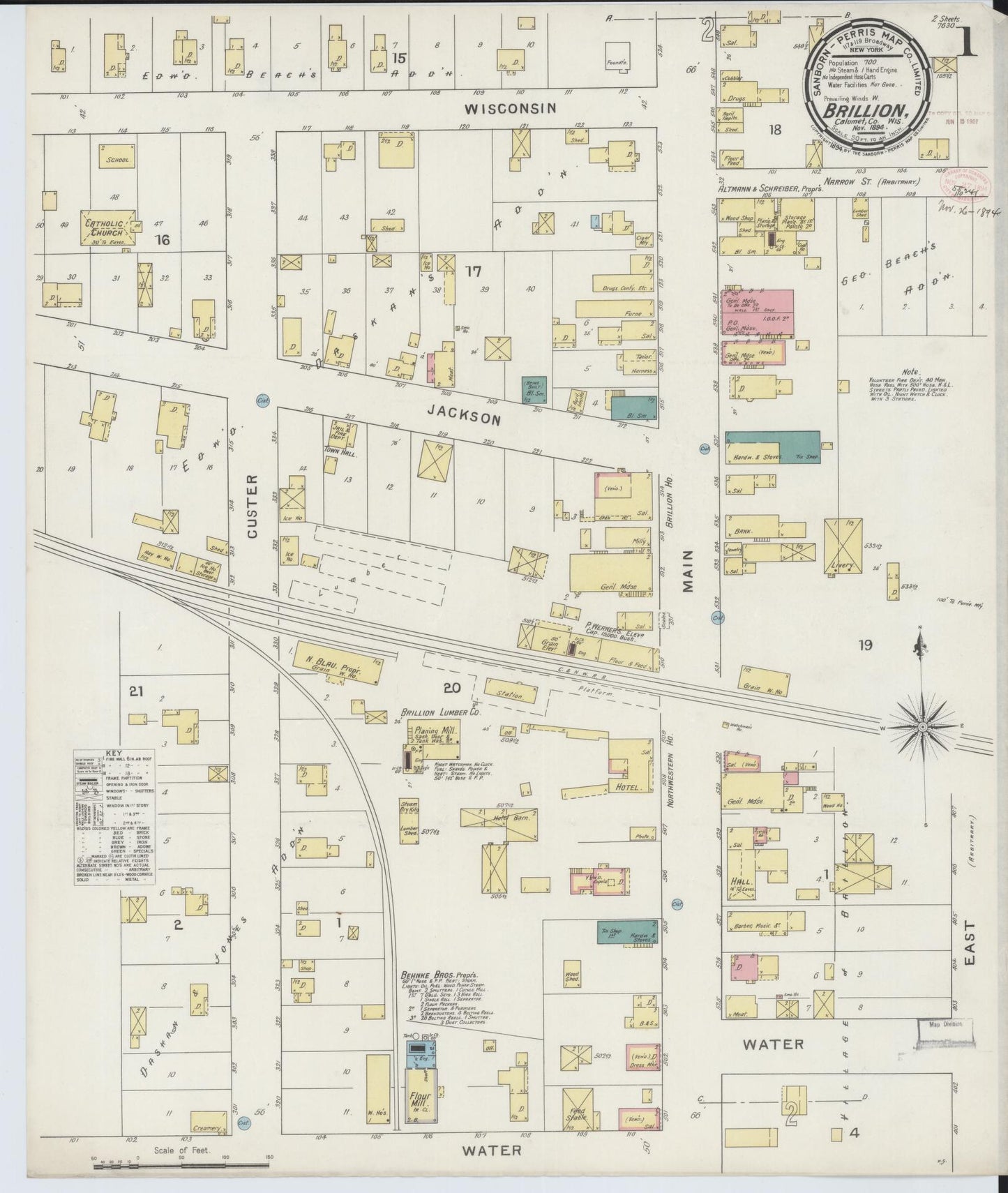 Sanborn Fire Insurance Map from Brillion, Calumet County, Wisconsin (1894), Sheet #0001 - Complete Map Set gallery image, historic Sanborn map, vintage wall art, Wisconsin Wisconsin