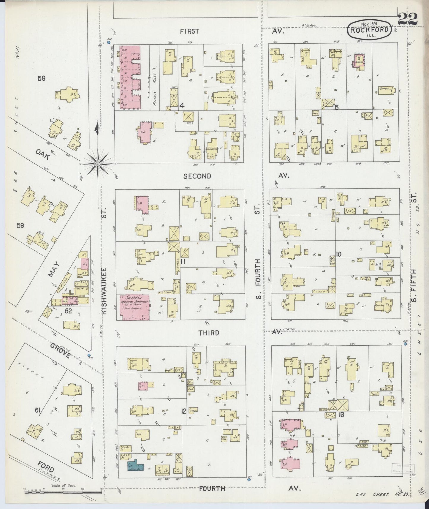 Sanborn Fire Insurance Map from Rockford, Winnebago County, Illinois (1891), Sheet #0022 - Complete Map Set gallery image, historic Sanborn map, vintage wall art, Illinois Illinois