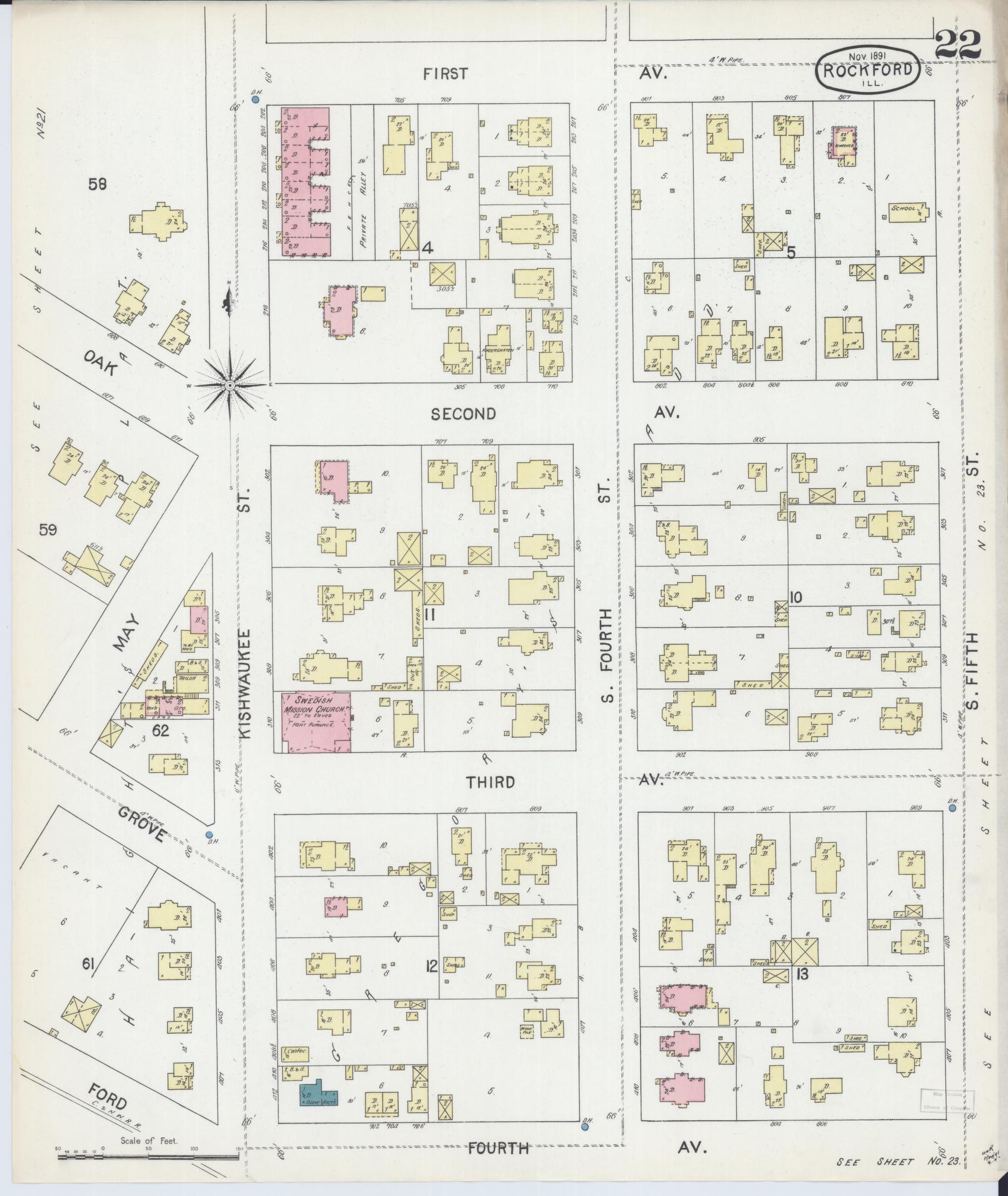 Sanborn Fire Insurance Map from Rockford, Winnebago County, Illinois (1891), Sheet #0022 - Complete Map Set gallery image, historic Sanborn map, vintage wall art, Illinois Illinois