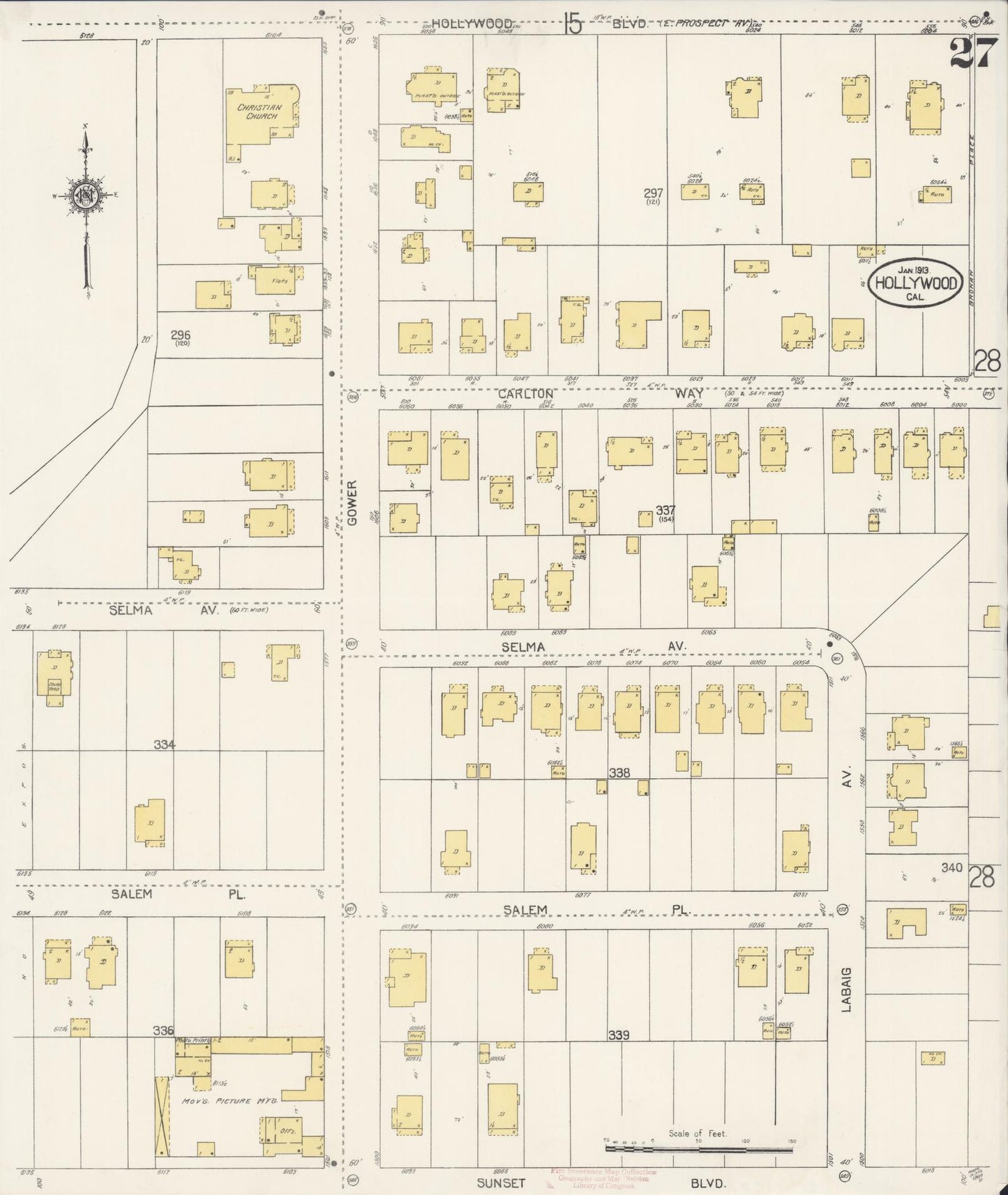 Sanborn Fire Insurance Map from Hollywood, Los Angeles County, California (1913), Sheet #0027 - Historic Sanborn Fire Insurance Map Print, vintage old map wall art, antique decor, genealogy gift, California California map