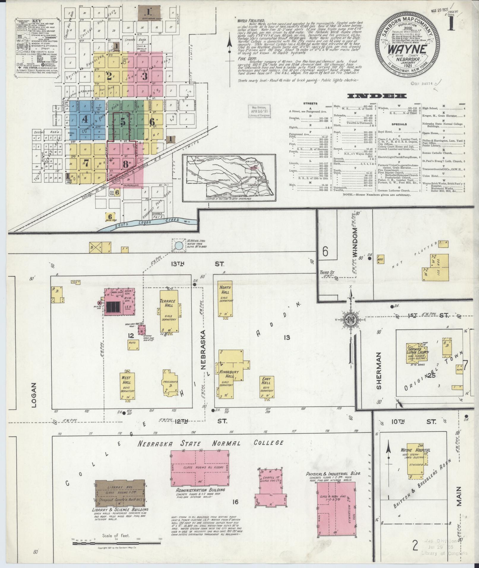 Sanborn Fire Insurance Map from Wayne, Wayne County, Nebraska (1921), Sheet #0001 - Historic Sanborn Fire Insurance Map Print, vintage old map wall art, antique decor, genealogy gift, Nebraska Nebraska map