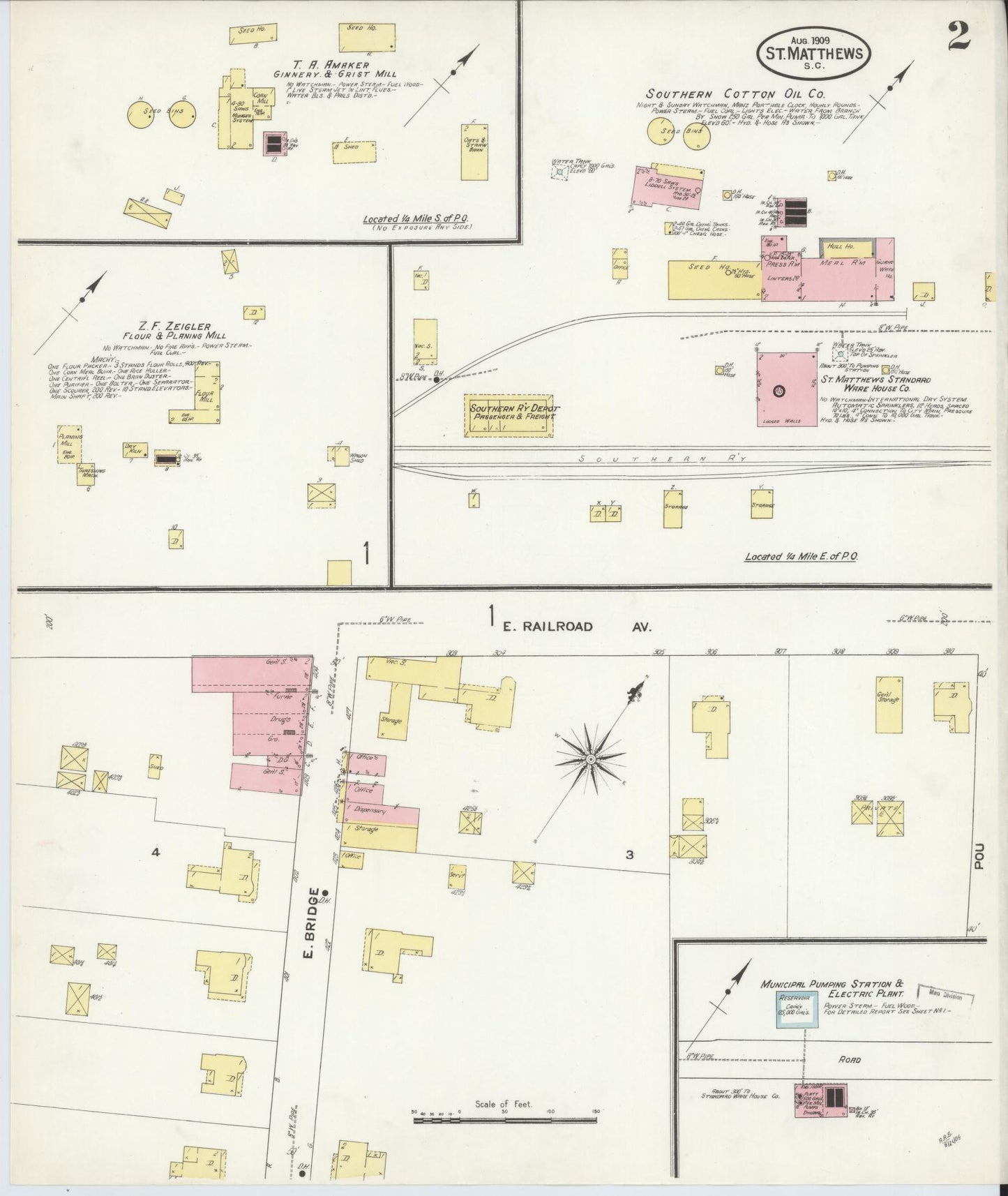 Sanborn Fire Insurance Map from Saint Matthews, Calhoun County, South Carolina (1909), Sheet #0002 - Complete Map Set gallery image, historic Sanborn map, vintage wall art, South Carolina South Carolina