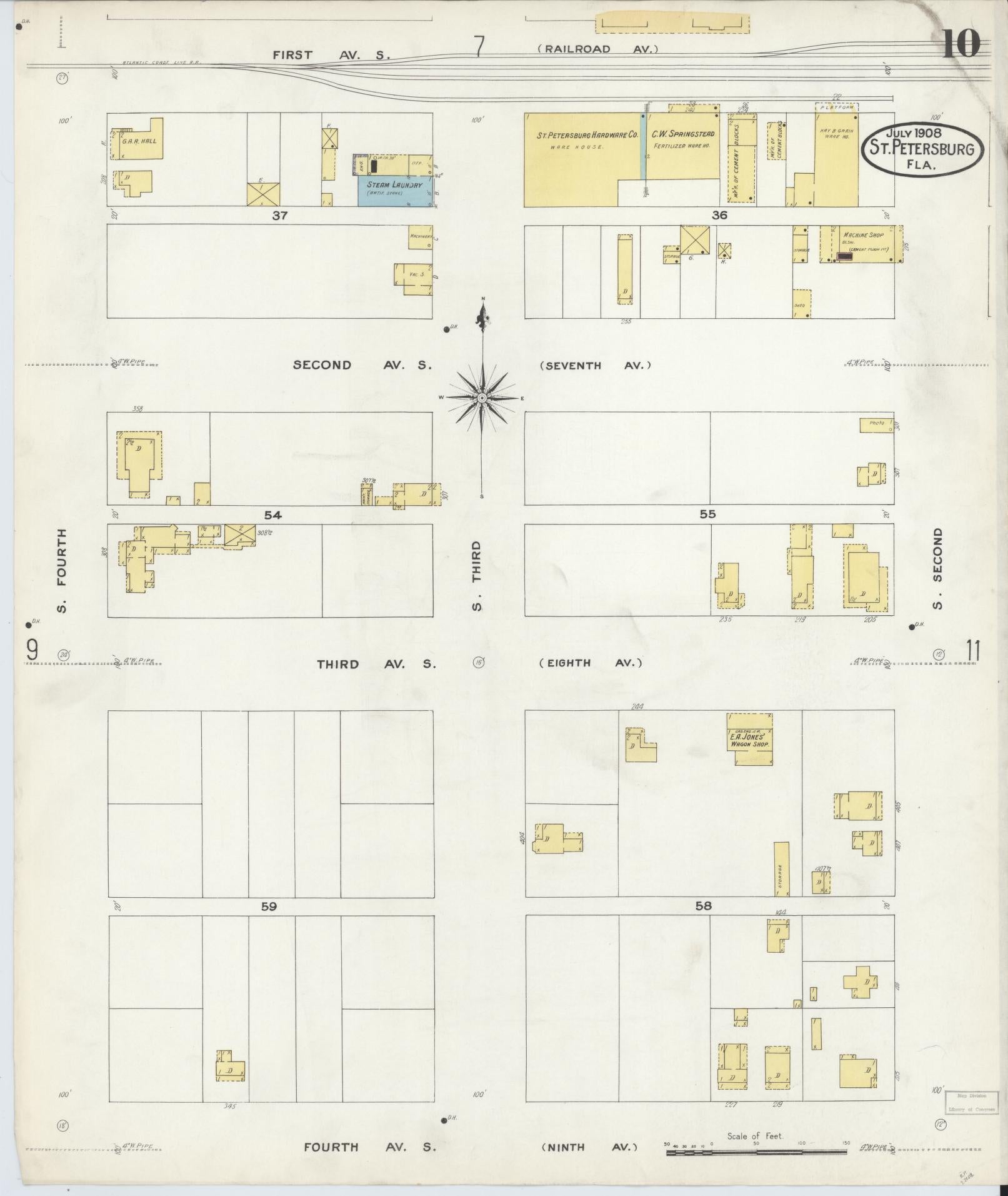 Sanborn Fire Insurance Map from Saint Petersburg, Pinellas County, Florida (1908), Sheet #0010 - Historic Sanborn Fire Insurance Map Print, vintage old map wall art, antique decor, genealogy gift, Florida Florida map