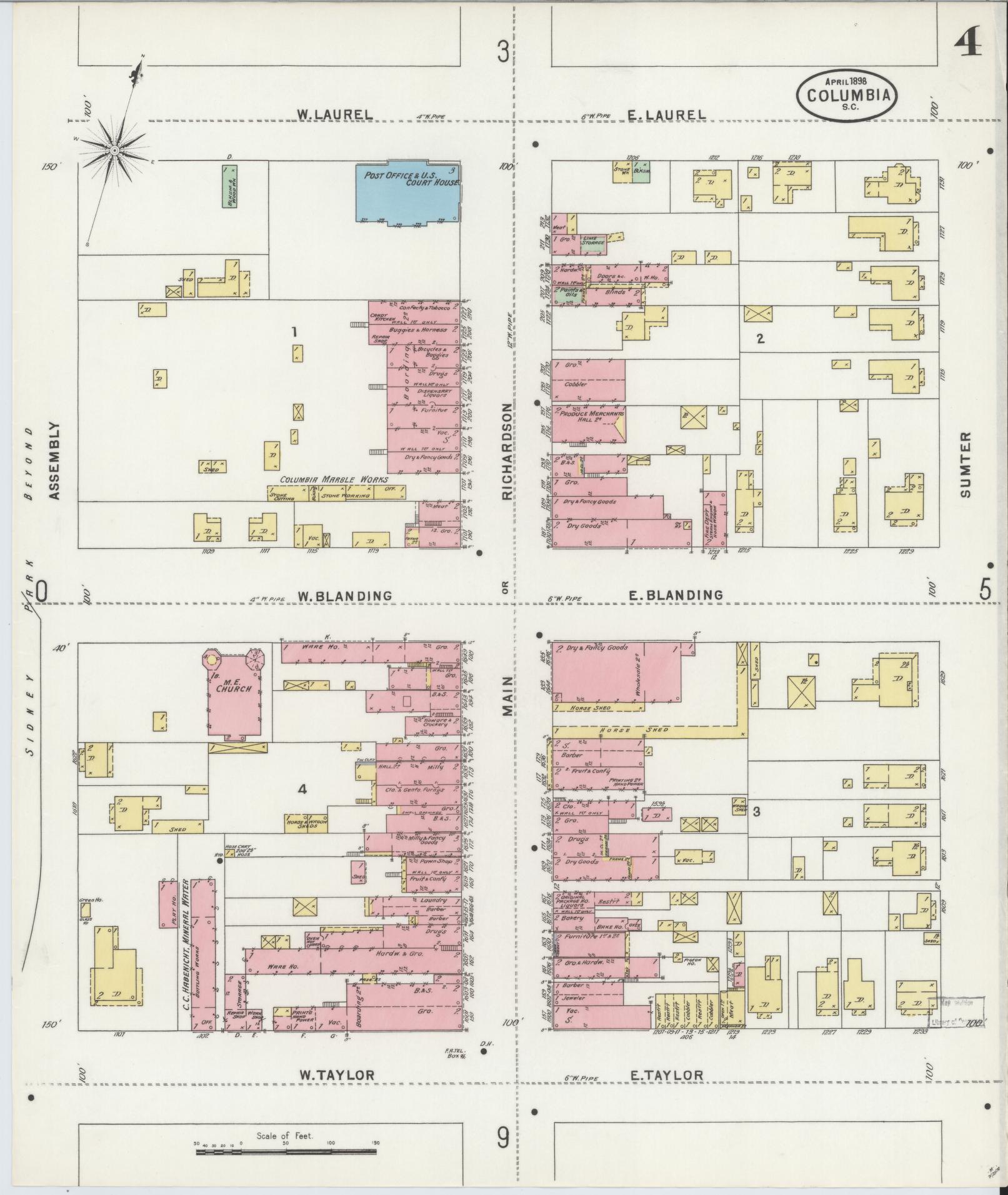 Sanborn Fire Insurance Map from Columbia, Richland County, South Carolina (1898), Sheet #0004 - Complete Map Set gallery image, historic Sanborn map, vintage wall art, South Carolina South Carolina