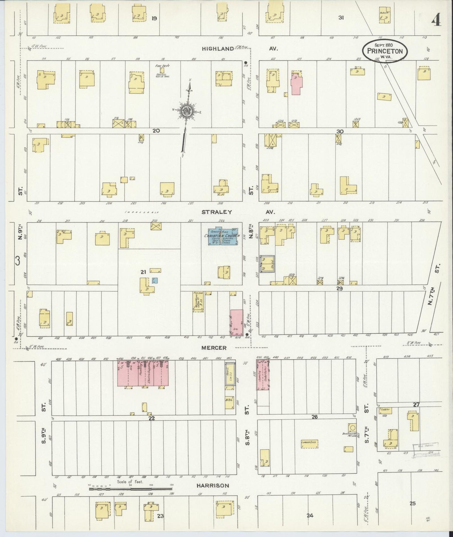 Sanborn Fire Insurance Map from Princeton, Mercer County, West Virginia (1910), Sheet #0004 - Complete Map Set gallery image, historic Sanborn map, vintage wall art, West Virginia West Virginia