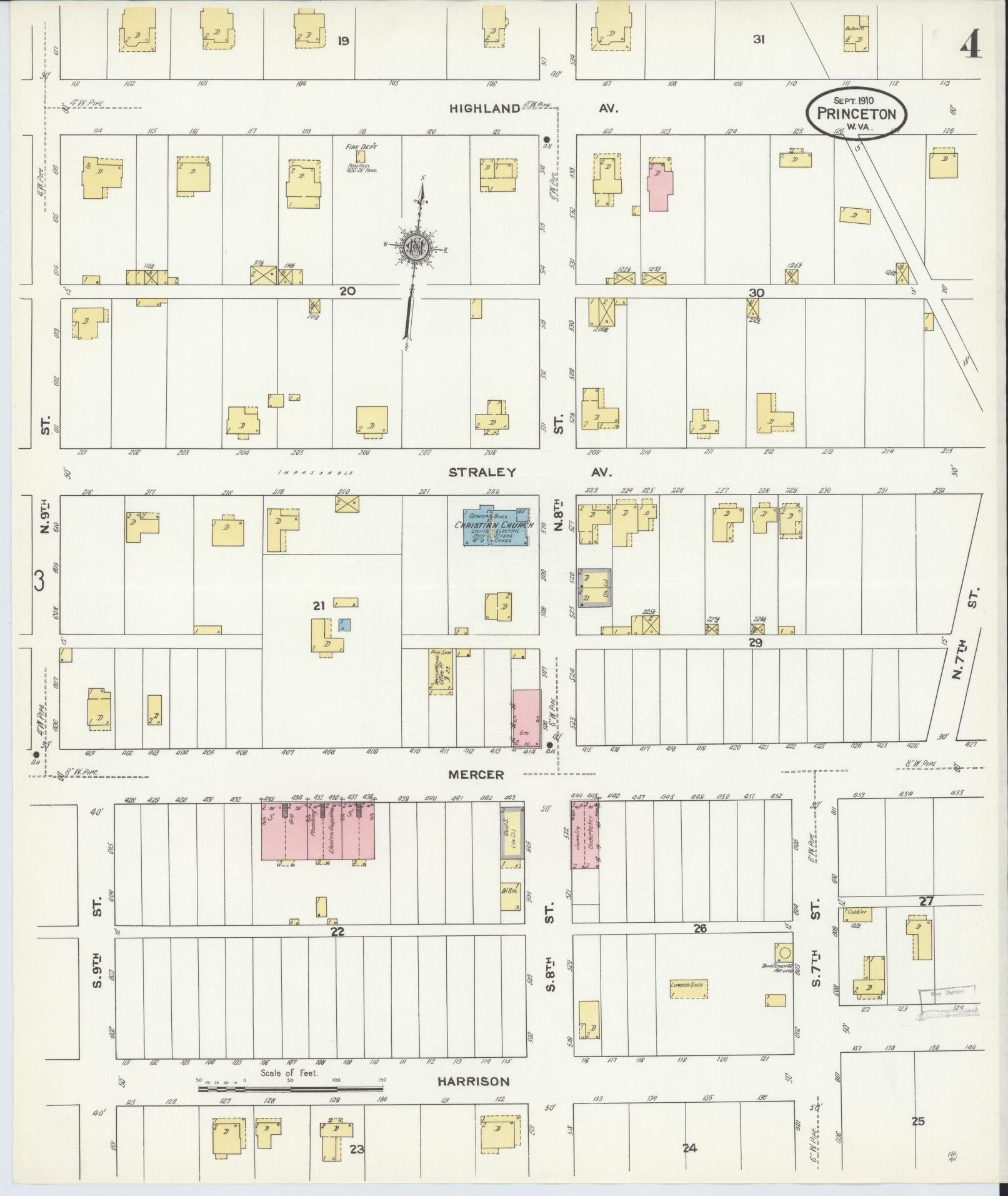 Sanborn Fire Insurance Map from Princeton, Mercer County, West Virginia (1910), Sheet #0004 - Complete Map Set gallery image, historic Sanborn map, vintage wall art, West Virginia West Virginia