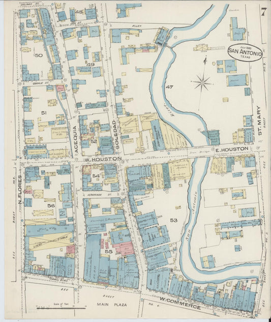 Sanborn Fire Insurance Map from San Antonio, Bexar County, Texas (1885), Sheet #0007 - Historic Sanborn Fire Insurance Map Print, vintage old map wall art, antique decor, genealogy gift, Texas Texas map