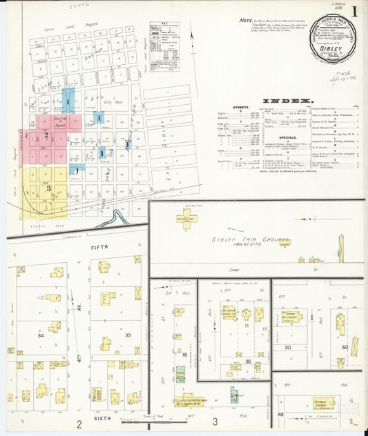 Sanborn Fire Insurance Map from Sibley, Osceola County, Iowa (1896), Sheet #0001 - Historic Sanborn Fire Insurance Map Print, vintage old map wall art