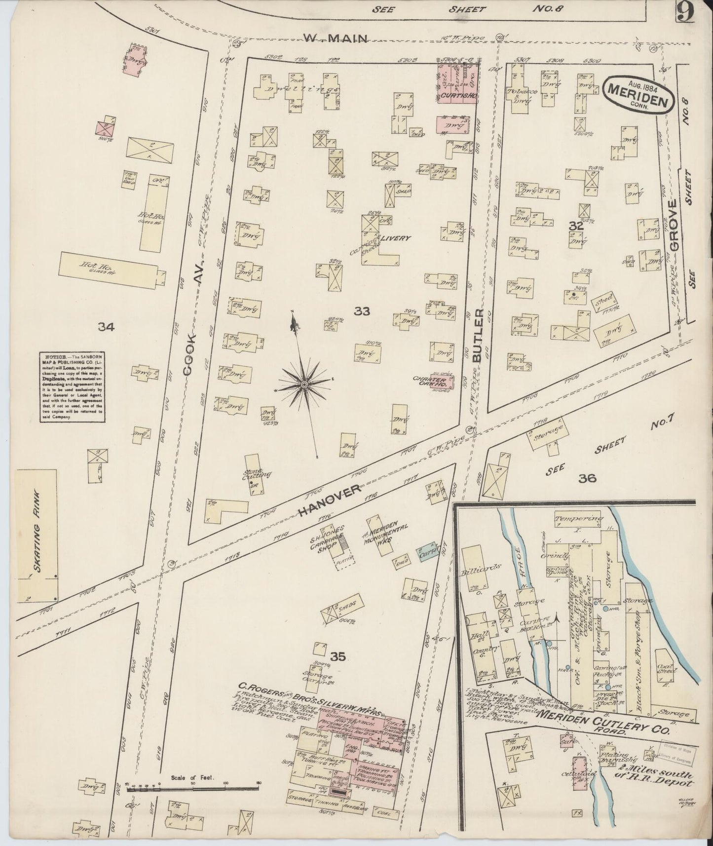 Sanborn Fire Insurance Map from Meriden, New Haven County, Connecticut (1884), Sheet #0009 - Complete Map Set gallery image, historic Sanborn map, vintage wall art, Connecticut Connecticut