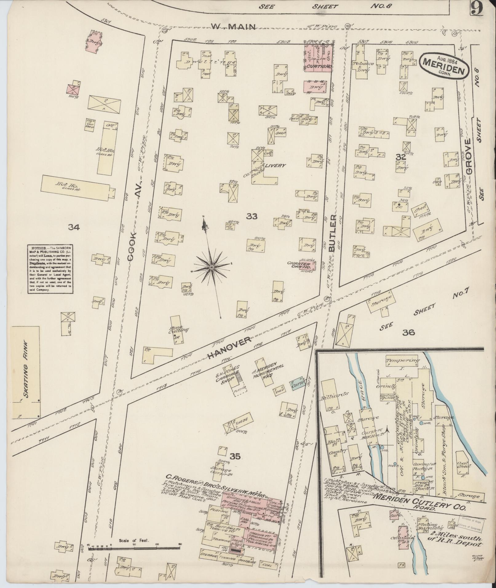 Sanborn Fire Insurance Map from Meriden, New Haven County, Connecticut (1884), Sheet #0009 - Complete Map Set gallery image, historic Sanborn map, vintage wall art, Connecticut Connecticut