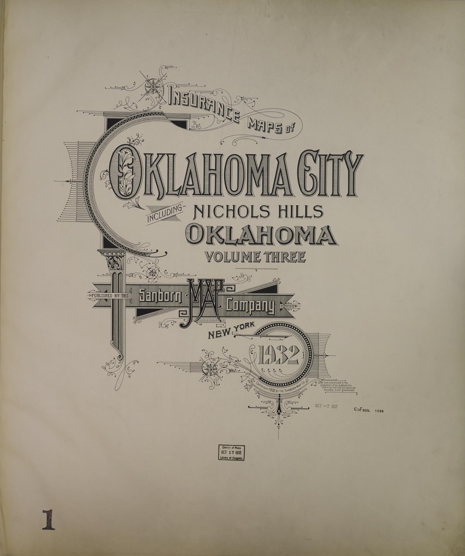 Sanborn Fire Insurance Map from Oklahoma City, Oklahoma County, Oklahoma (1932), Sheet #0001 - Historic Sanborn Fire Insurance Map Print, vintage old map wall art, antique decor, genealogy gift, Oklahoma City Oklahoma map