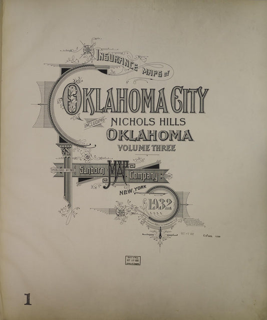 Sanborn Fire Insurance Map from Oklahoma City, Oklahoma County, Oklahoma (1932), Sheet #0001 - Historic Sanborn Fire Insurance Map Print, vintage old map wall art, antique decor, genealogy gift, Oklahoma City Oklahoma map