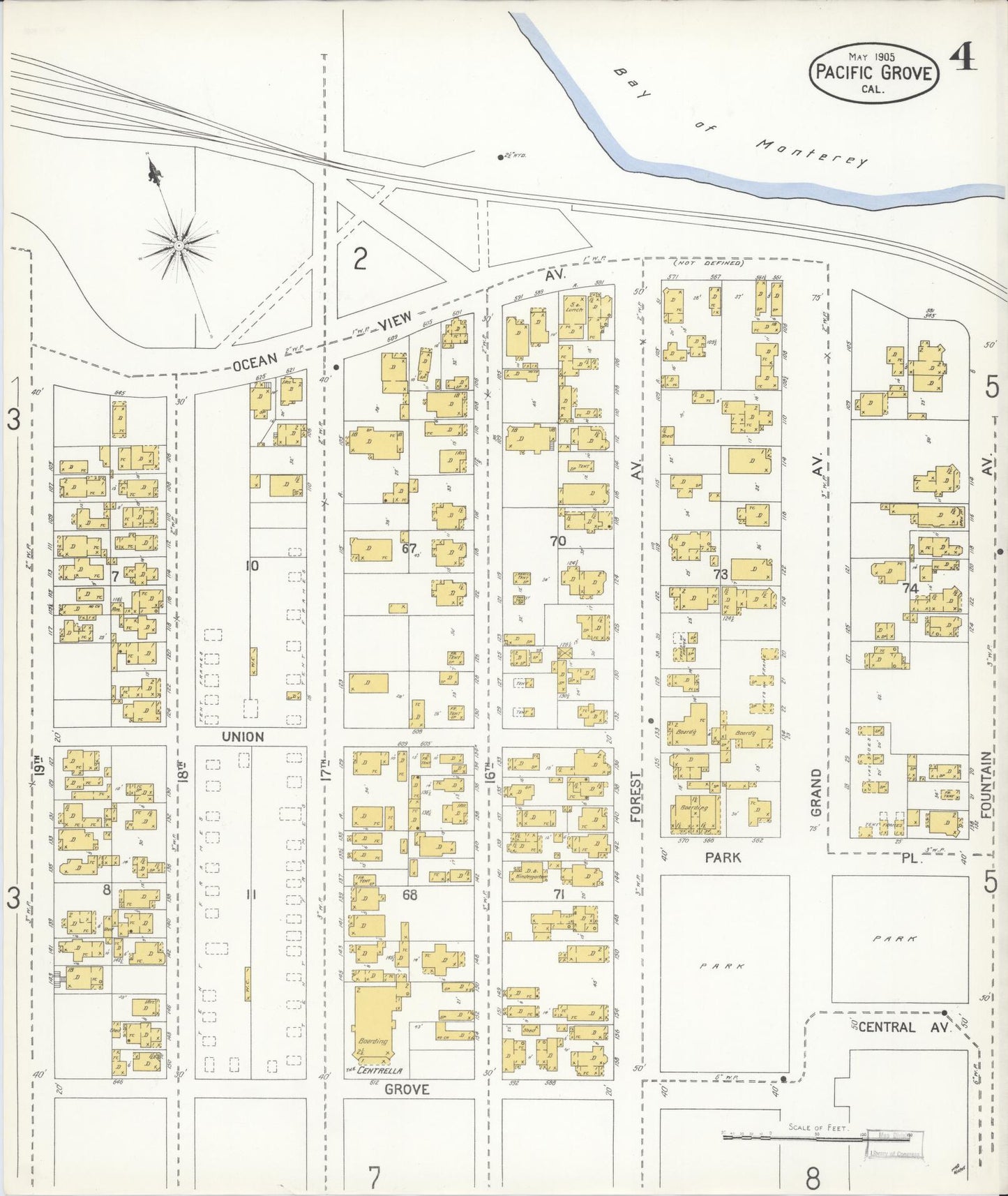 Sanborn Fire Insurance Map from Pacific Grove, Monterey County, California (1905), Sheet #0004 - Complete Map Set gallery image, historic Sanborn map, vintage wall art, California California