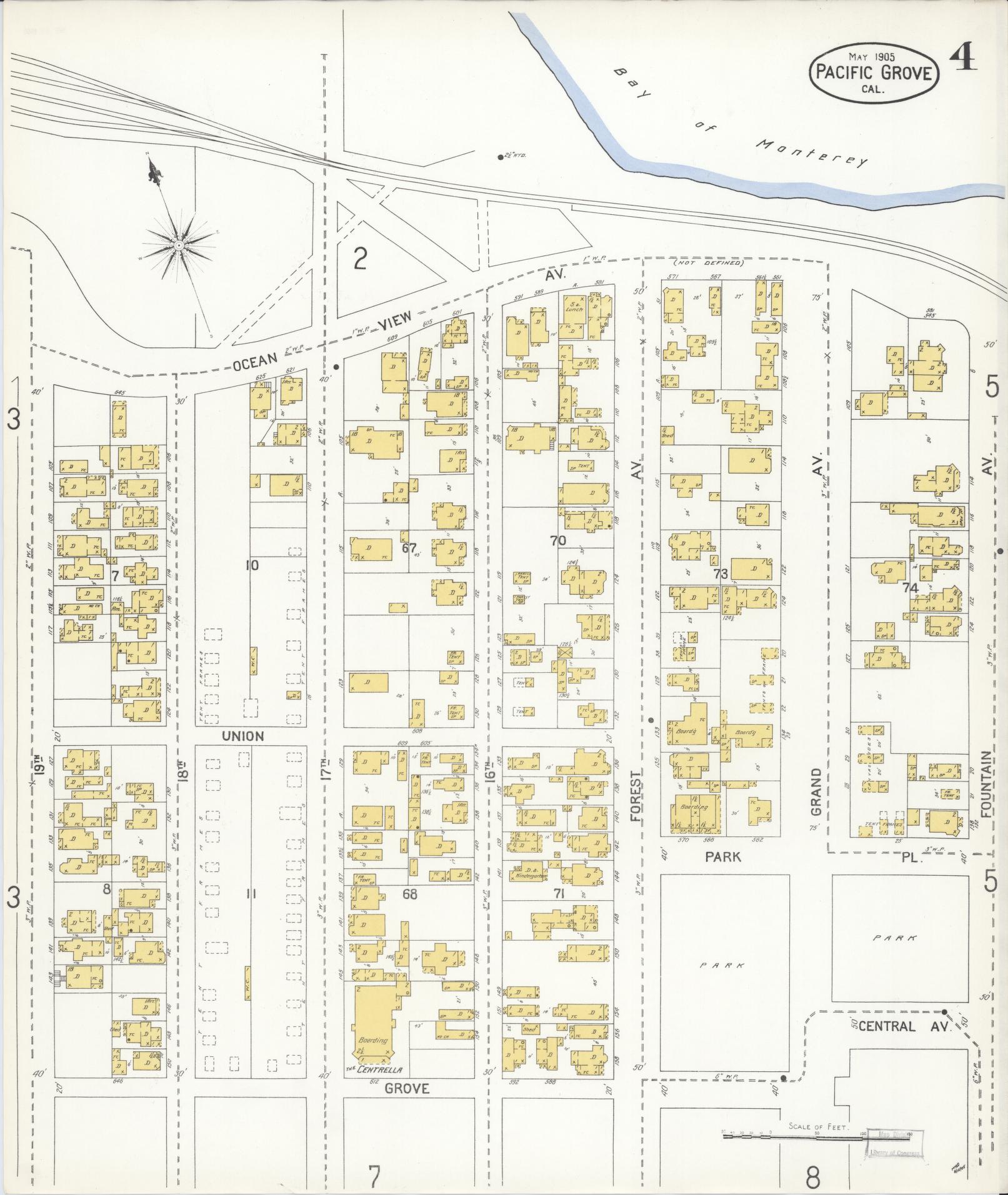 Sanborn Fire Insurance Map from Pacific Grove, Monterey County, California (1905), Sheet #0004 - Complete Map Set gallery image, historic Sanborn map, vintage wall art, California California