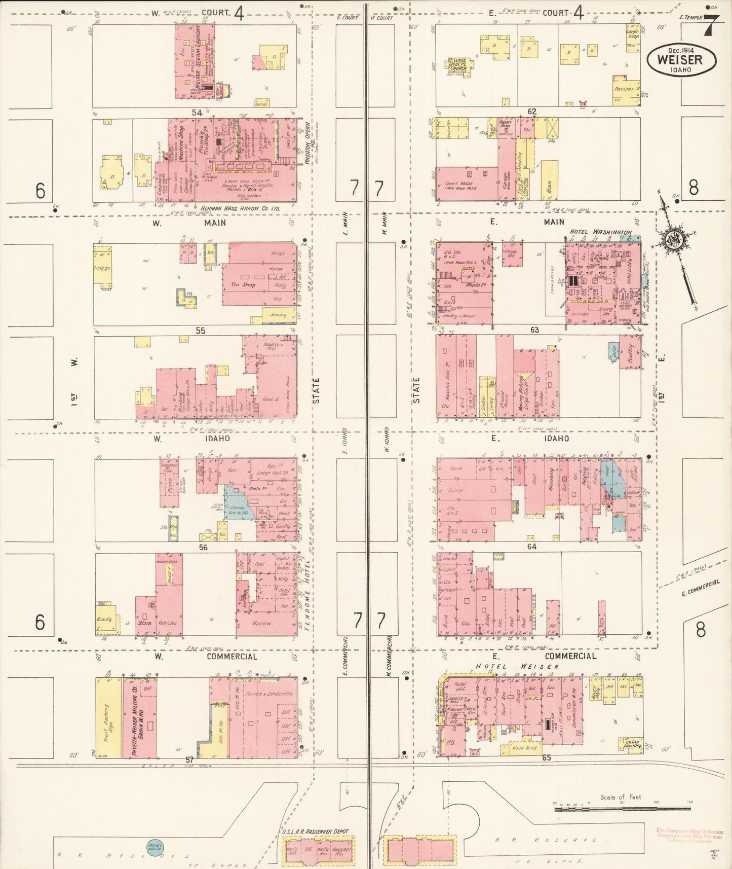 Sanborn Fire Insurance Map from Weiser, Washington County, Idaho (1914), Sheet #0007 - Historic Sanborn Fire Insurance Map Print, vintage old map wall art, antique decor, genealogy gift, Idaho Idaho map