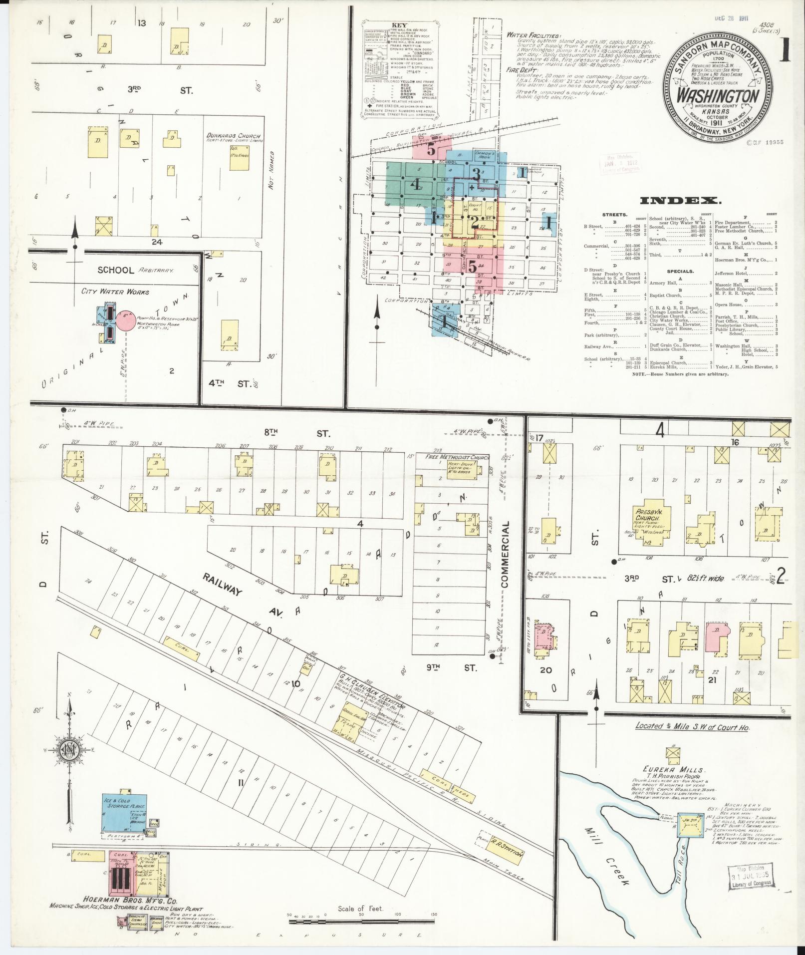 Sanborn Fire Insurance Map from Washington, Washington County, Kansas (1911), Sheet #0001 - Historic Sanborn Fire Insurance Map Print, vintage old map wall art, antique decor, genealogy gift, Kansas Kansas map