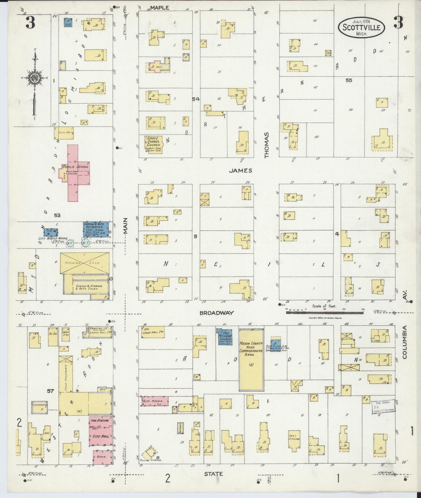 Sanborn Fire Insurance Map from Scottville, Mason County, Michigan (1924), Sheet #0003 - Historic Sanborn Fire Insurance Map Print, vintage old map wall art, antique decor, genealogy gift, Michigan Michigan map