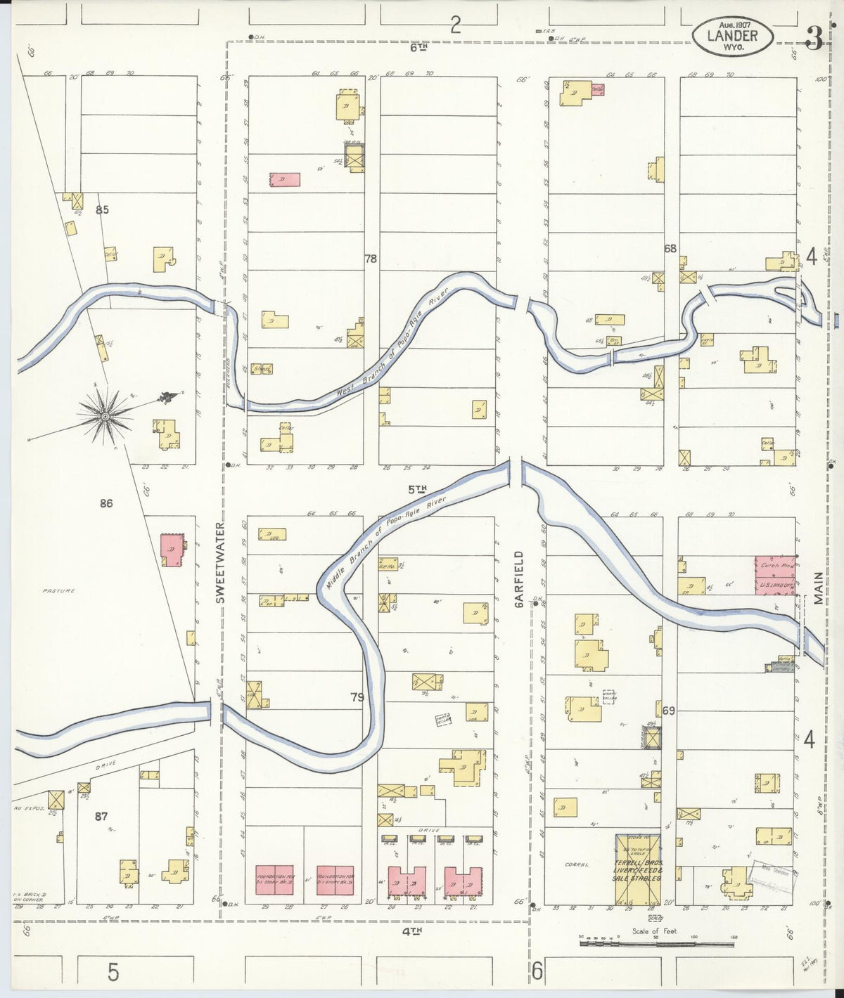 Sanborn Fire Insurance Map from Lander, Fremont County, Wyoming (1907), Sheet #0003 - Complete Map Set gallery image, historic Sanborn map, vintage wall art, Wyoming Wyoming