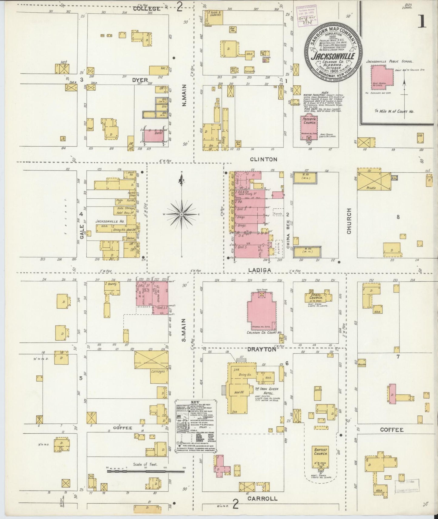 Sanborn Fire Insurance Map from Jacksonville, Calhoun County, Alabama (1905), Sheet #0001 - Historic Sanborn Fire Insurance Map Print, vintage old map wall art, antique decor, genealogy gift, Alabama Alabama map