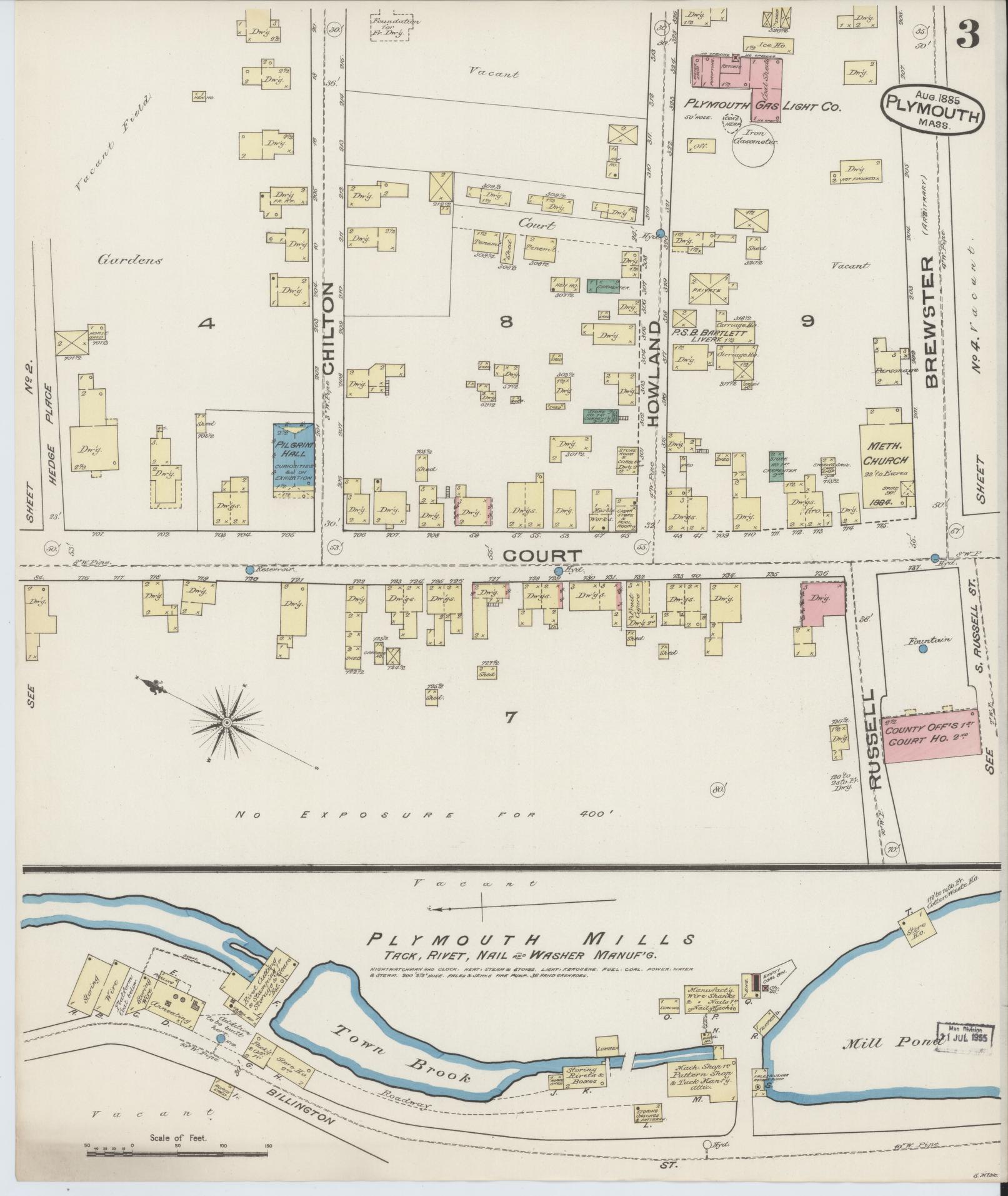 Sanborn Fire Insurance Map from Plymouth, Plymouth County, Massachusetts (1885), Sheet #0003 - Historic Sanborn Fire Insurance Map Print, vintage old map wall art, antique decor, genealogy gift, Massachusetts Massachusetts map