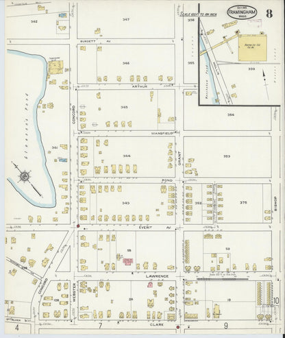 Sanborn Fire Insurance Map from Framingham, Middlesex County, Massachusetts (1915), Sheet #0008 - Historic Sanborn Fire Insurance Map Print, vintage old map wall art, antique decor, genealogy gift, Massachusetts Massachusetts map