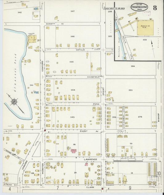 Sanborn Fire Insurance Map from Framingham, Middlesex County, Massachusetts (1915), Sheet #0008 - Historic Sanborn Fire Insurance Map Print, vintage old map wall art, antique decor, genealogy gift, Massachusetts Massachusetts map