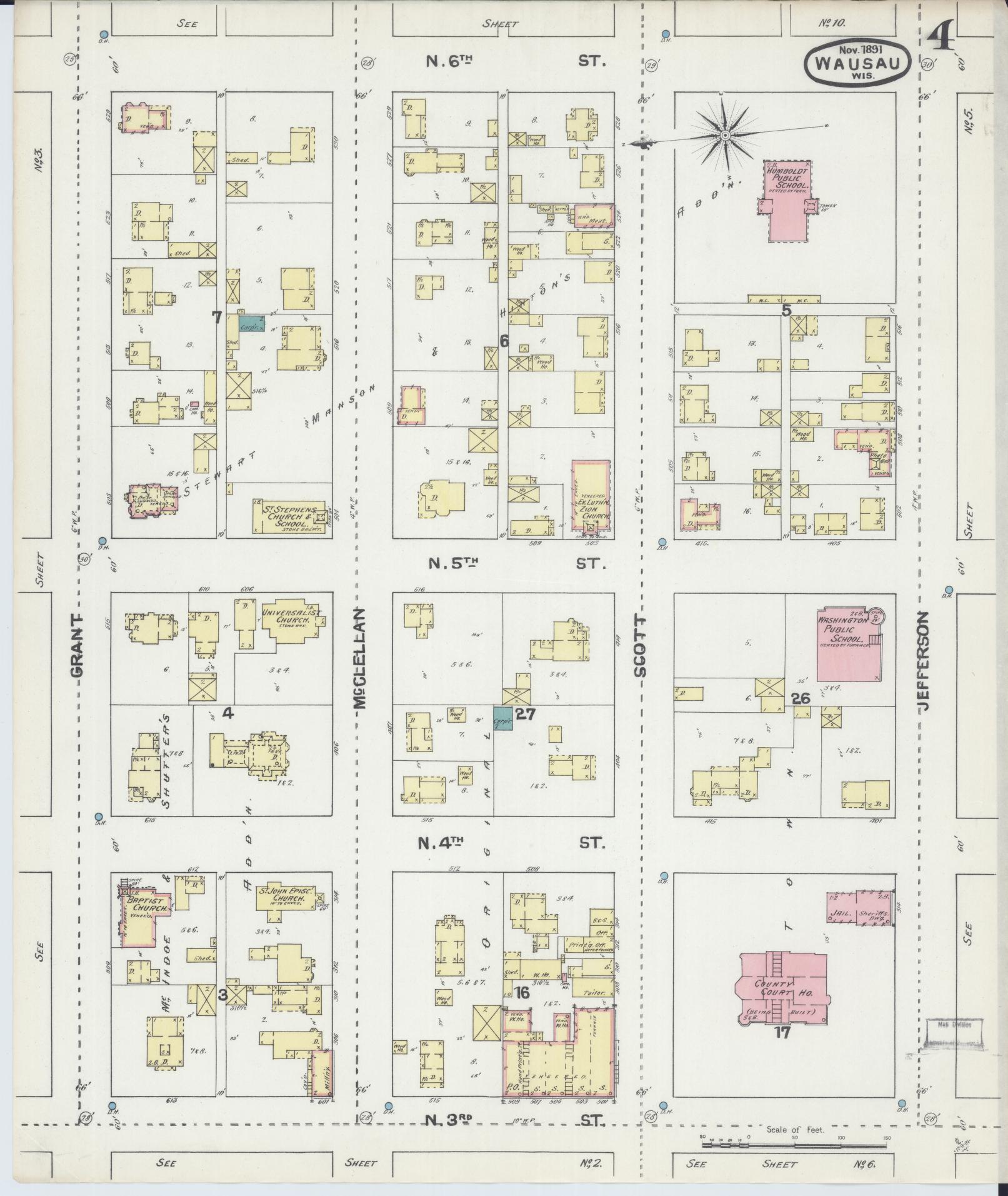 Sanborn Fire Insurance Map from Wausau, Marathon County, Wisconsin (1891), Sheet #0004 - Complete Map Set gallery image, historic Sanborn map, vintage wall art, Wisconsin Wisconsin