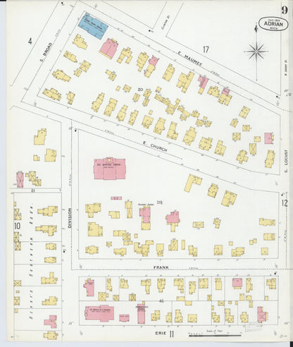 Sanborn Fire Insurance Map from Adrian, Lenawee County, Michigan (1899), Sheet #0009 - Historic Sanborn Fire Insurance Map Print, vintage old map wall art, antique decor, genealogy gift, Michigan Michigan map