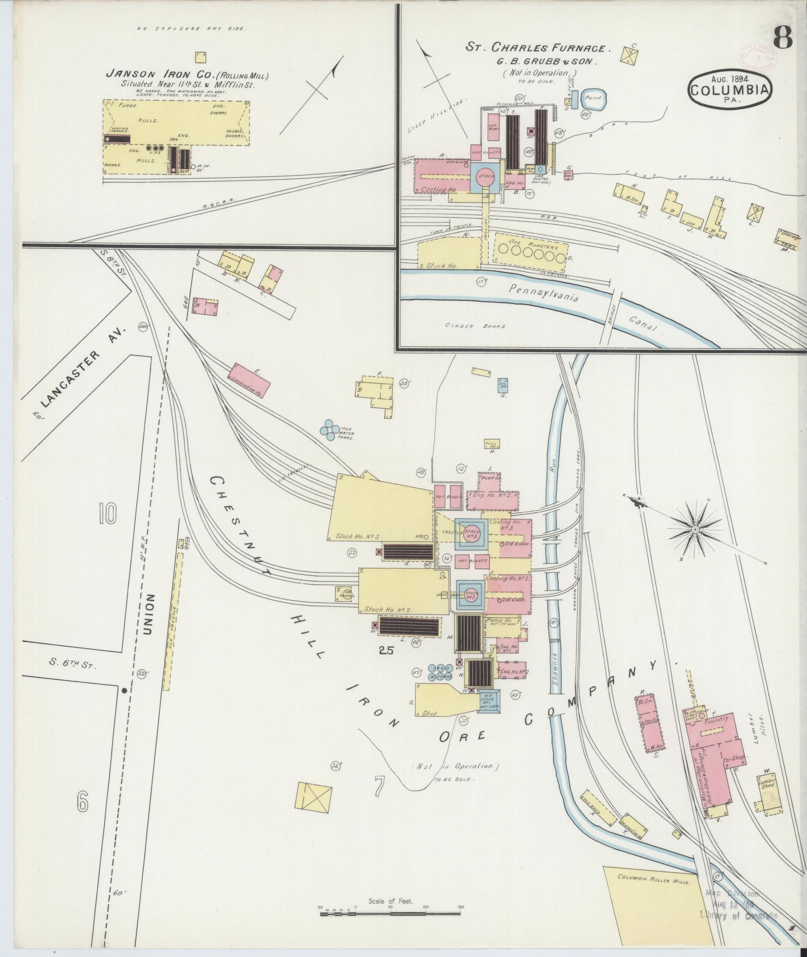 Sanborn Fire Insurance Map from Columbia, Lancaster County, Pennsylvania (1894), Sheet #0008 - Historic Sanborn Fire Insurance Map Print, vintage old map wall art, antique decor, genealogy gift, Pennsylvania Pennsylvania map
