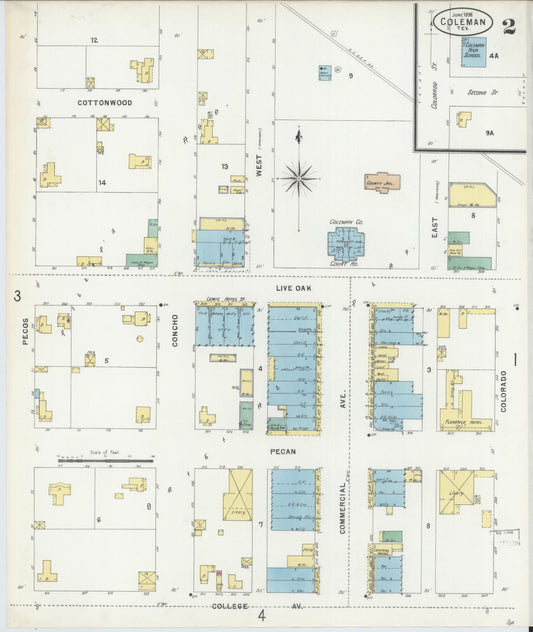 Sanborn Fire Insurance Map from Coleman, Coleman County, Texas (1898), Sheet #0002 - Historic Sanborn Fire Insurance Map Print, vintage old map wall art, antique decor, genealogy gift, Texas Texas map