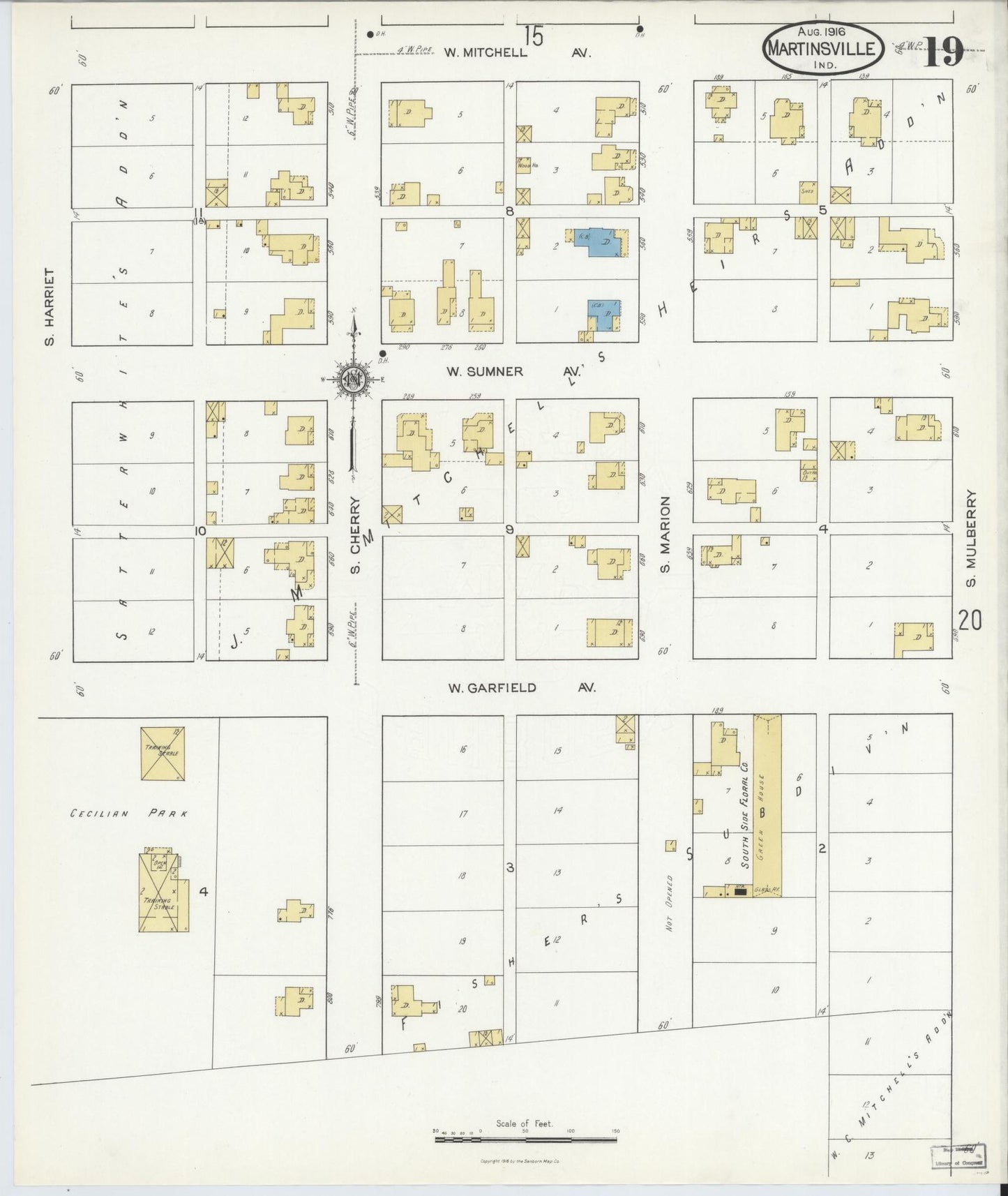 Sanborn Fire Insurance Map from Martinsville, Morgan County, Indiana (1916), Sheet #0019 - Complete Map Set gallery image, historic Sanborn map, vintage wall art, Indiana Indiana