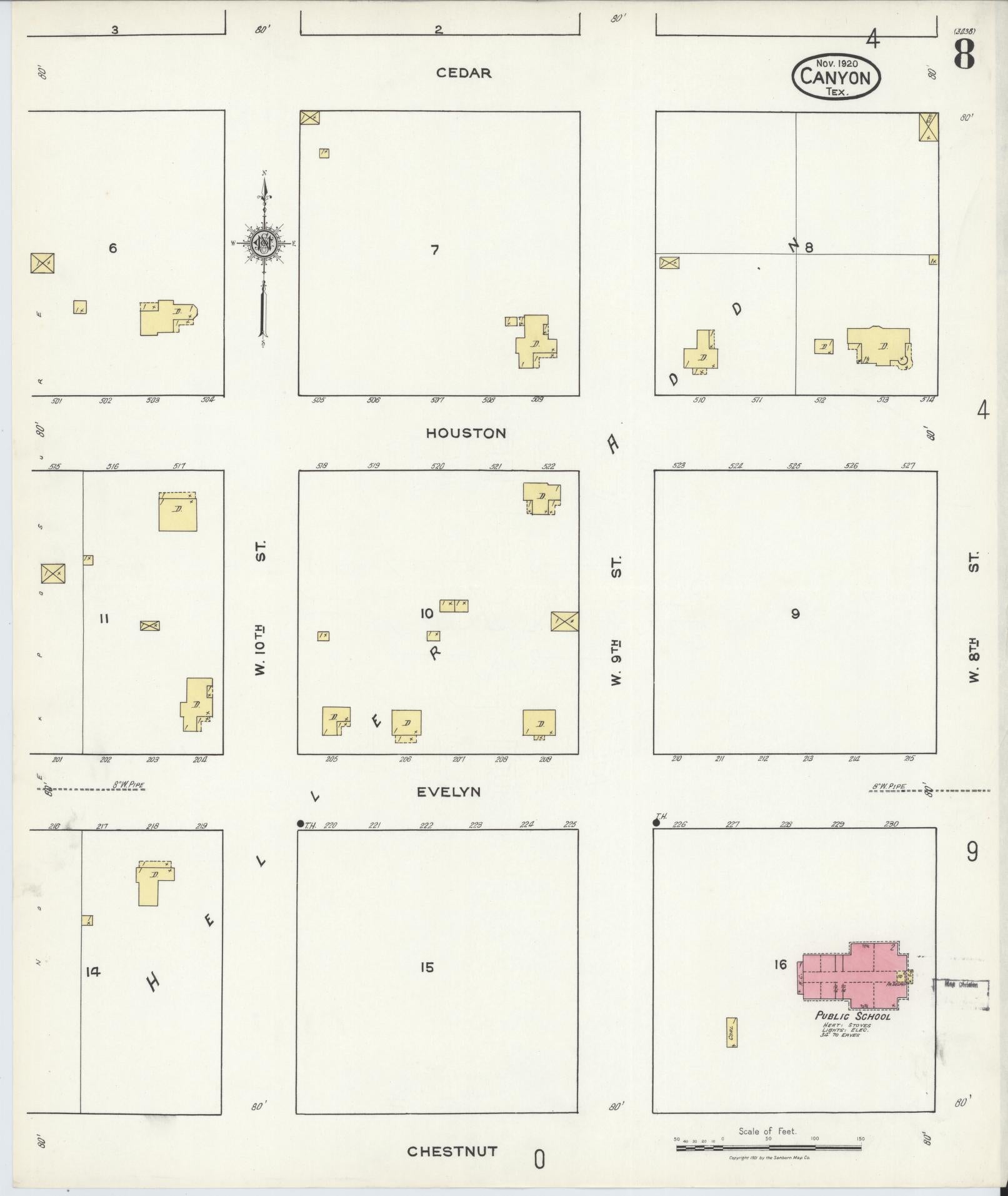 Sanborn Fire Insurance Map from Canyon, Randall County, Texas (1920), Sheet #0008 - Historic Sanborn Fire Insurance Map Print, vintage old map wall art, antique decor, genealogy gift, Texas Texas map