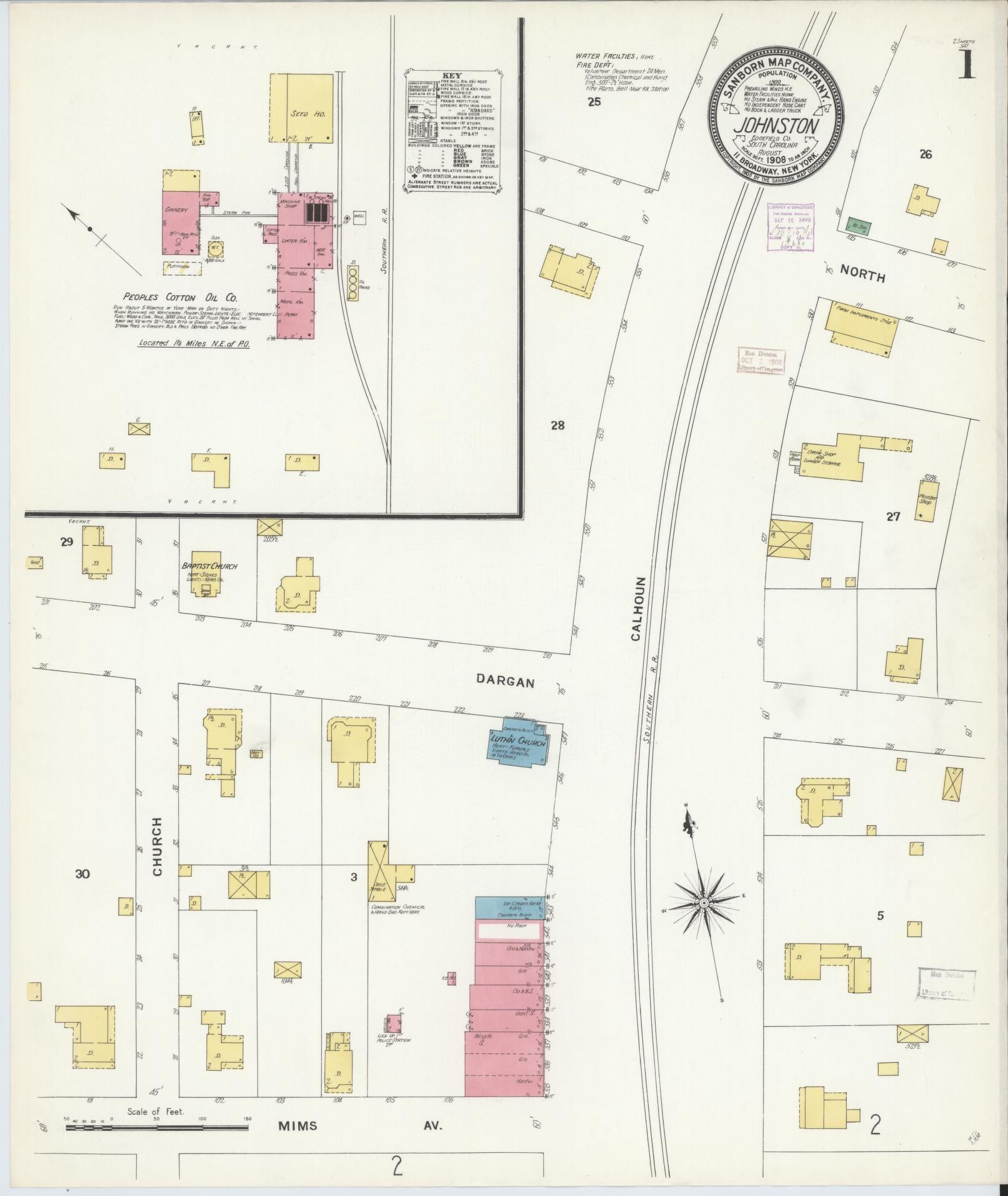 Sanborn Fire Insurance Map from Johnston, Edgefield County, South Carolina (1908), Sheet #0001 - Complete Map Set gallery image, historic Sanborn map, vintage wall art, South Carolina South Carolina