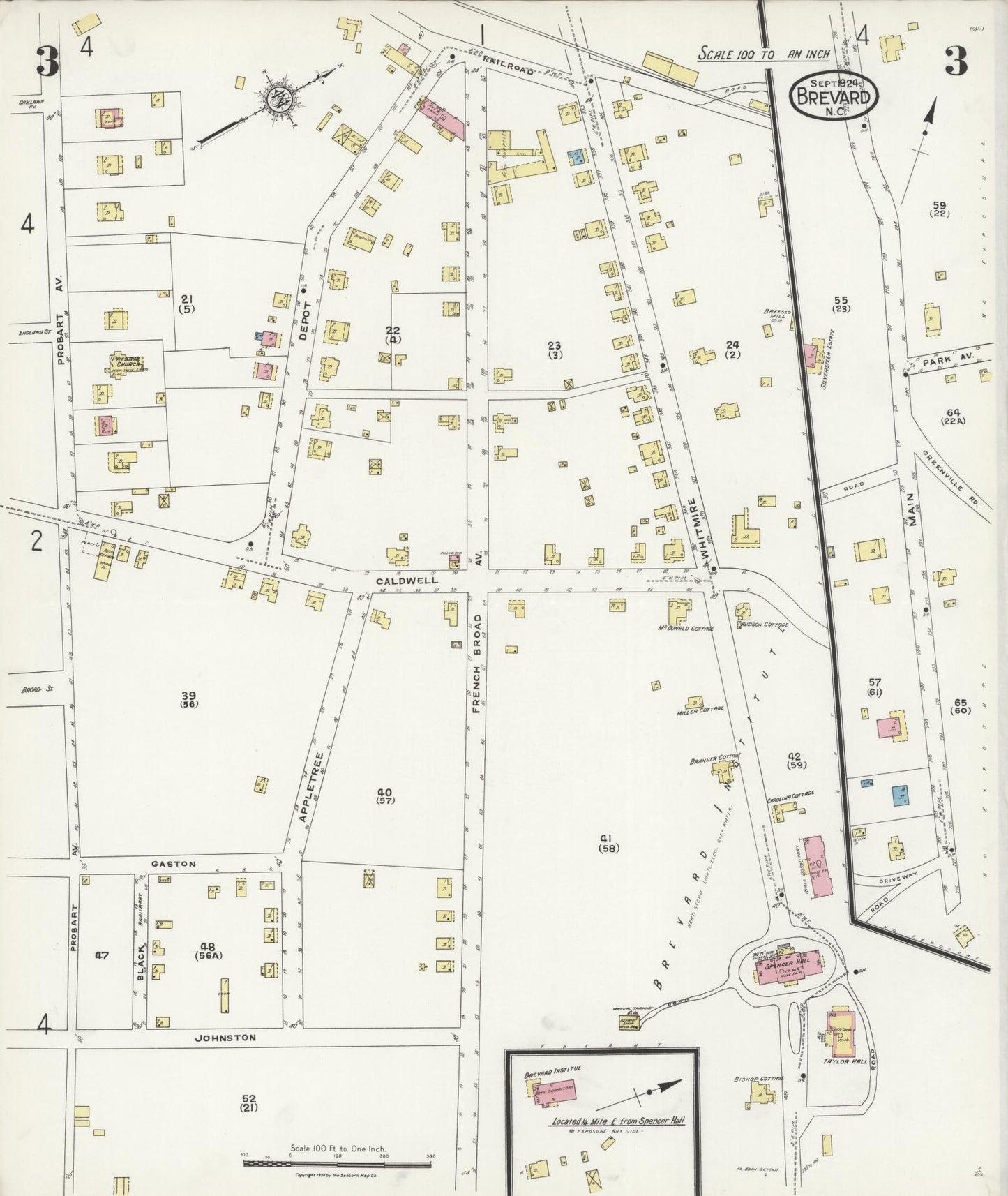 Sanborn Fire Insurance Map from Brevard, Transylvania County, North Carolina (1924), Sheet #0003 - Complete Map Set gallery image, historic Sanborn map, vintage wall art, North Carolina North Carolina