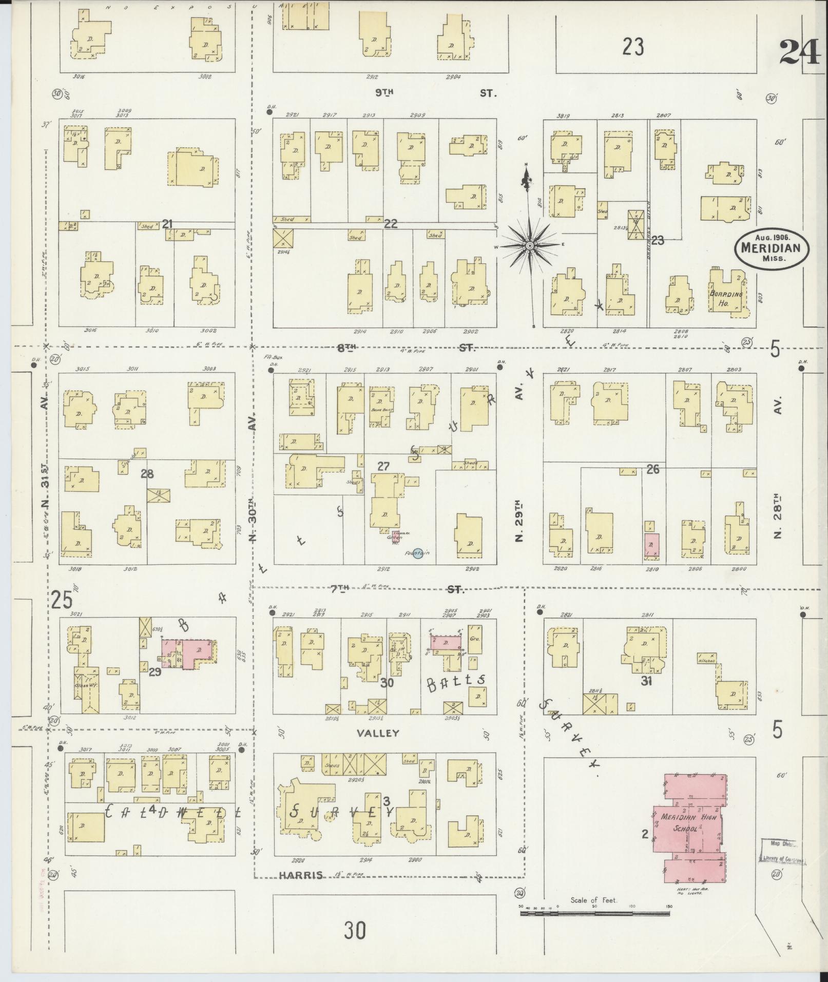 Sanborn Fire Insurance Map from Meridian, Lauderdale County, Mississippi (1906), Sheet #0024 - Historic Sanborn Fire Insurance Map Print, vintage old map wall art, antique decor, genealogy gift, Mississippi Mississippi map
