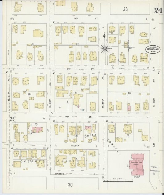 Sanborn Fire Insurance Map from Meridian, Lauderdale County, Mississippi (1906), Sheet #0024 - Historic Sanborn Fire Insurance Map Print, vintage old map wall art, antique decor, genealogy gift, Mississippi Mississippi map