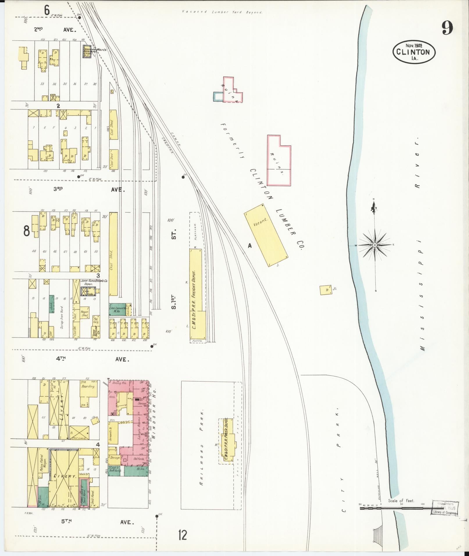 Sanborn Fire Insurance Map from Clinton, Clinton County, Iowa (1902), Sheet #0009 - Historic Sanborn Fire Insurance Map Print, vintage old map wall art