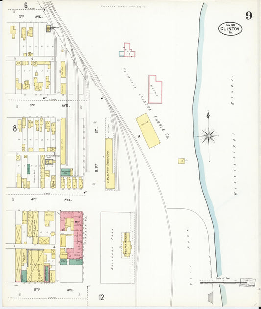 Sanborn Fire Insurance Map from Clinton, Clinton County, Iowa (1902), Sheet #0009 - Historic Sanborn Fire Insurance Map Print, vintage old map wall art